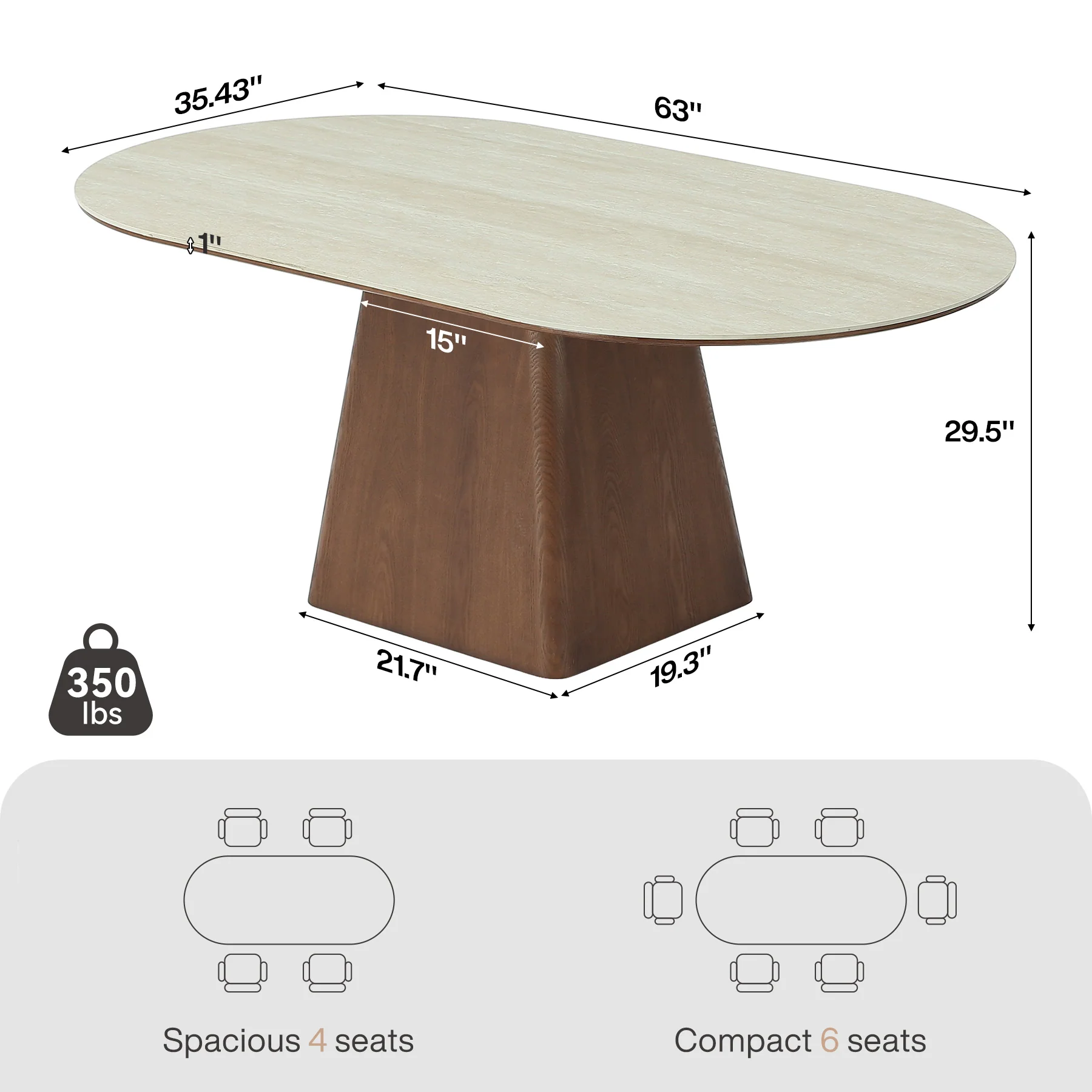 63" Oval Sintered Stone Dining Table with Solid Wood Pedestal Base for 4-6 - Image 2
