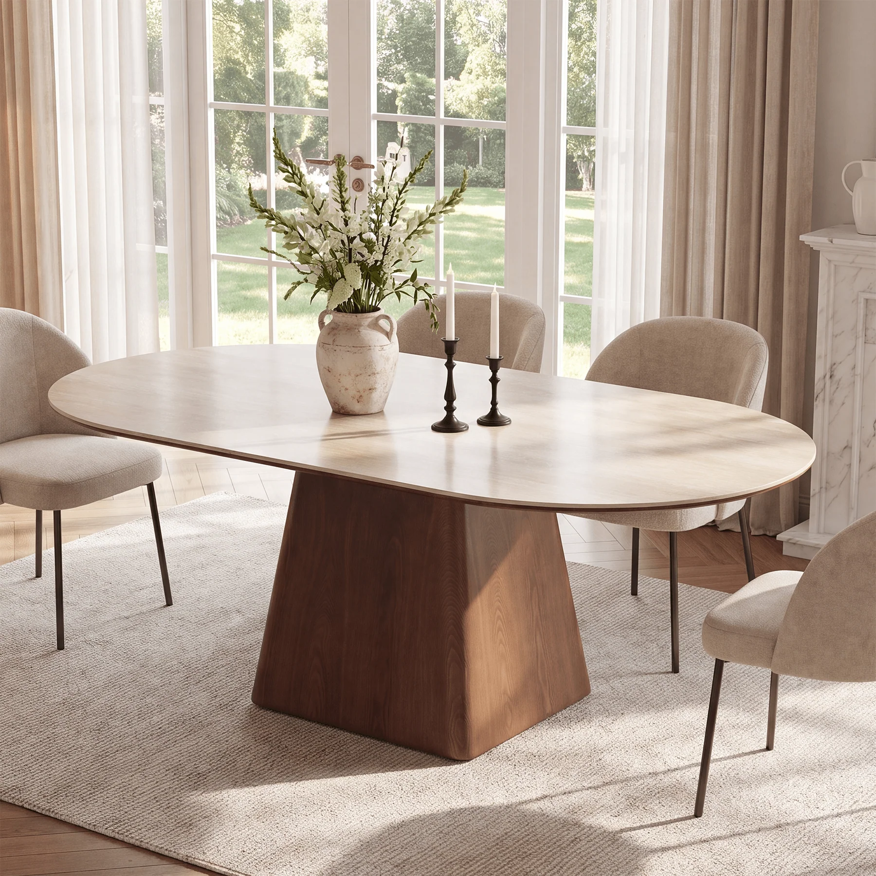 63" Oval Sintered Stone Dining Table with Solid Wood Pedestal Base for 4-6 - Image 3