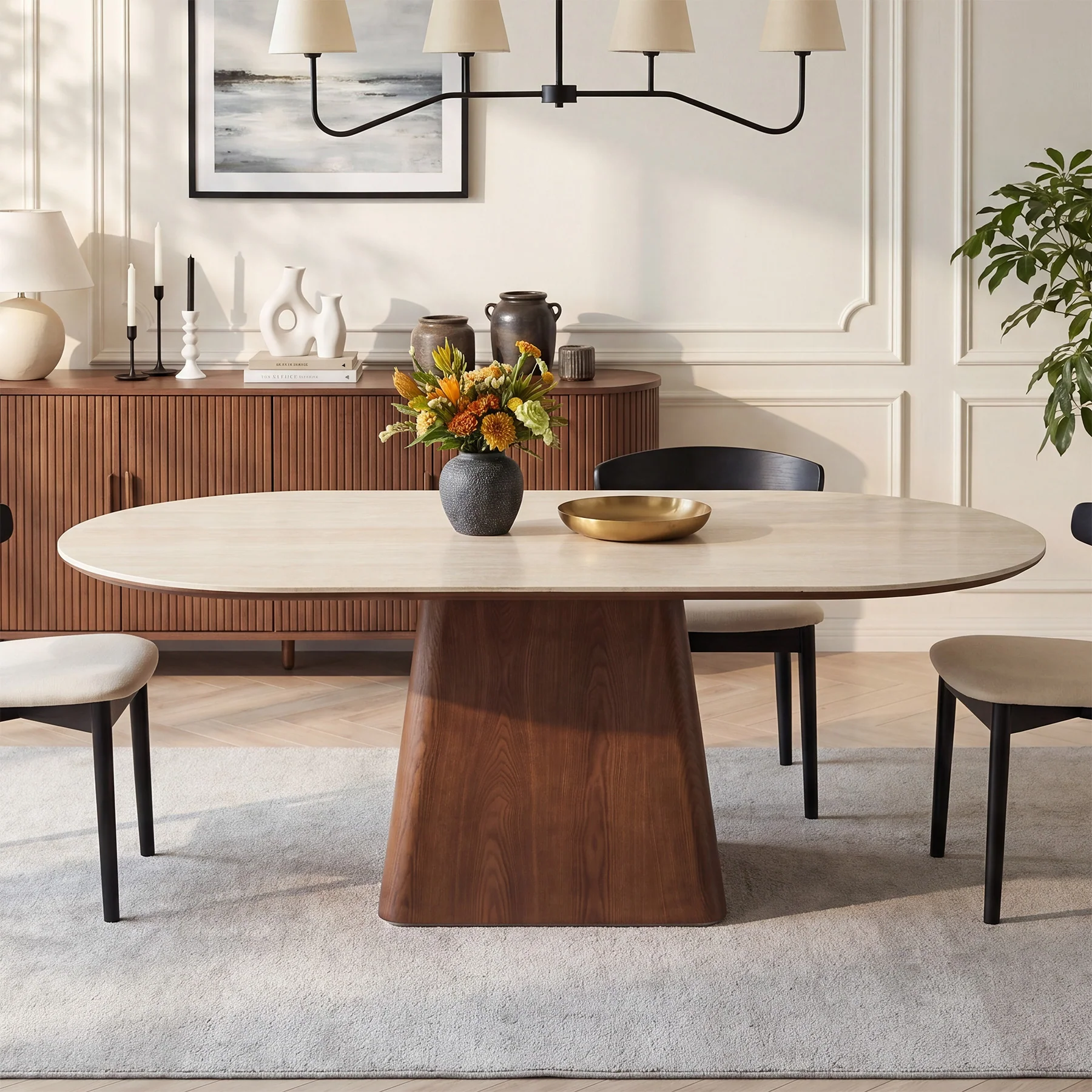 63" Oval Sintered Stone Dining Table with Solid Wood Pedestal Base for 4-6 - Image 4