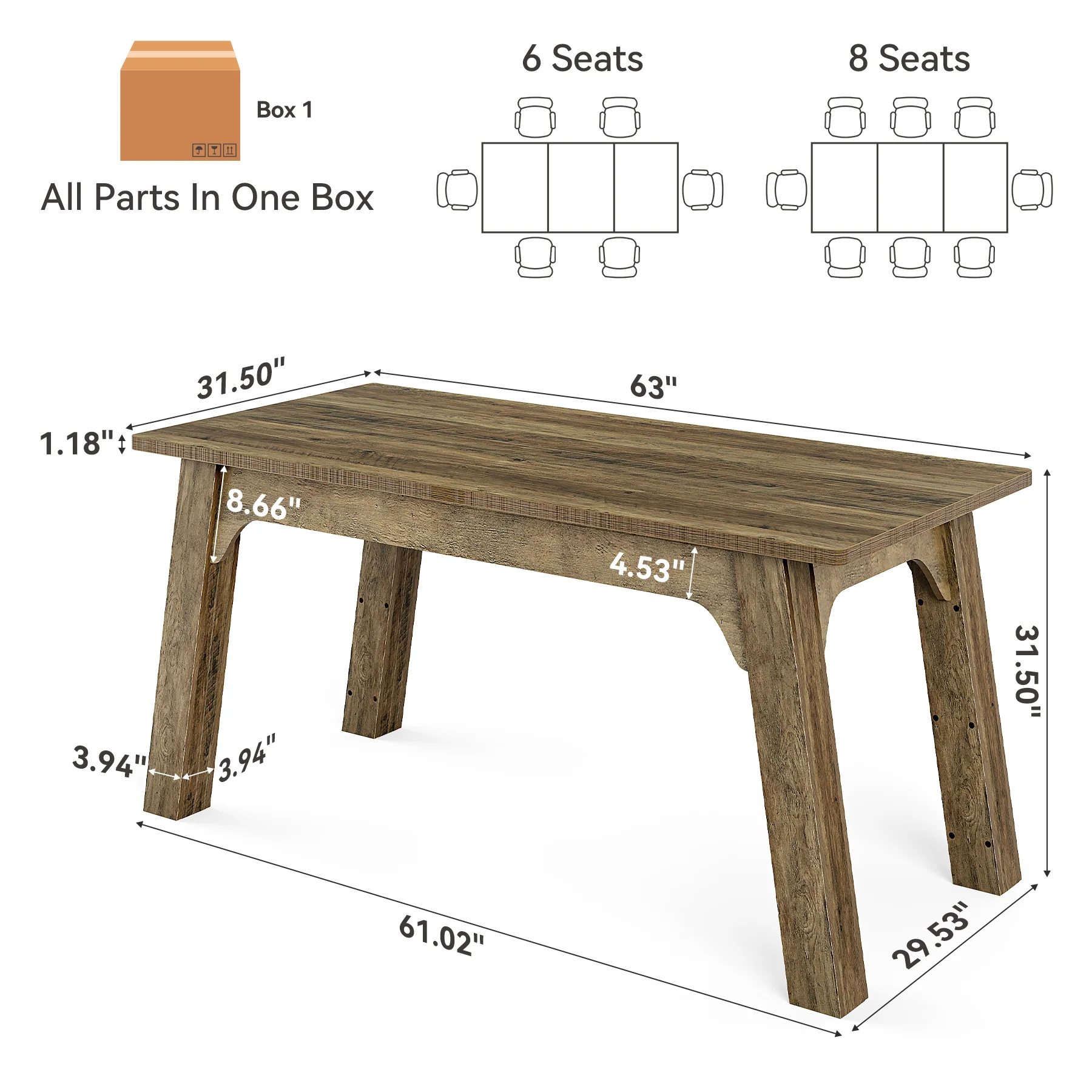 63" Rectangular Dining Table for 4-6, Modern Farmhouse Kitchen Table with Heavy-Duty Legs - Image 2