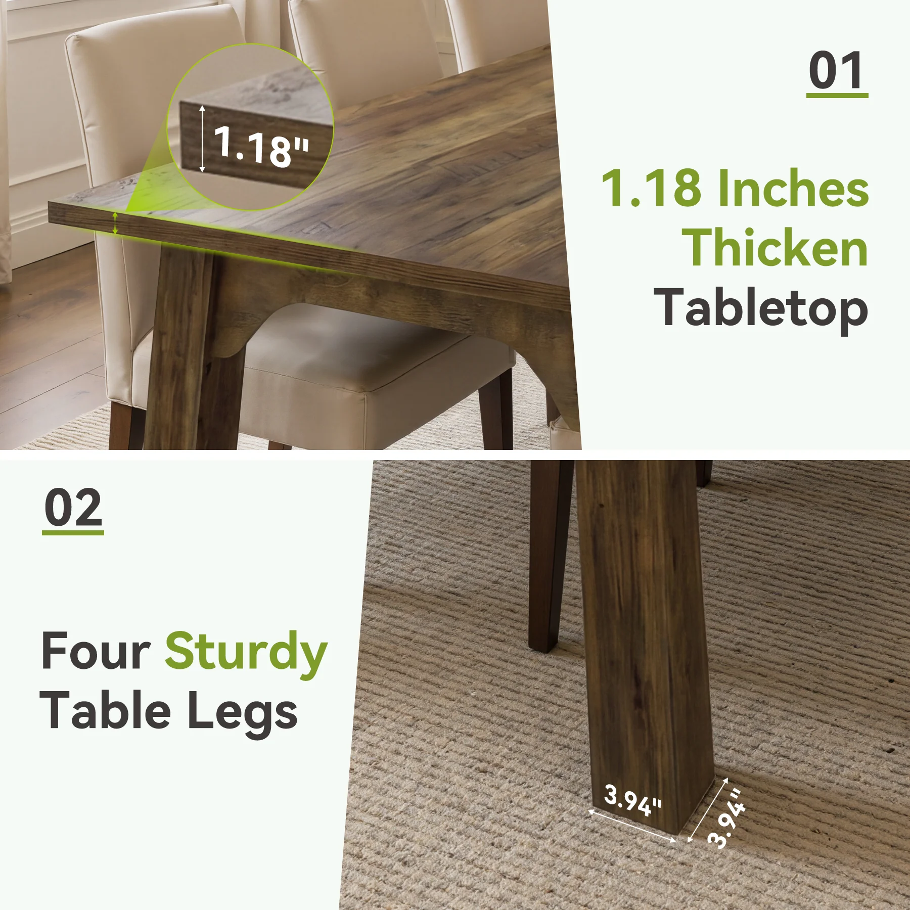 63" Rectangular Dining Table for 4-6, Modern Farmhouse Kitchen Table with Heavy-Duty Legs - Image 6