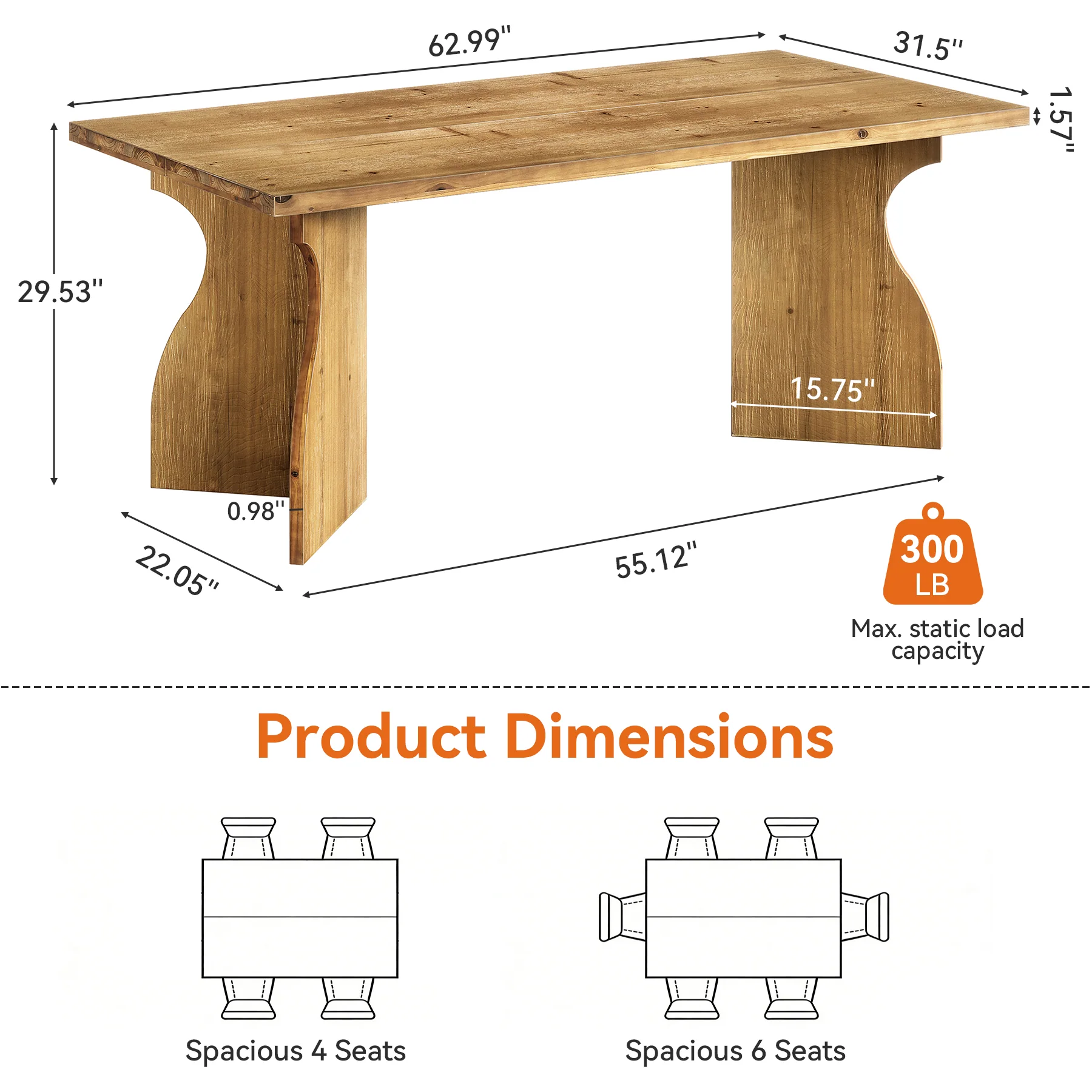 63" Solid Wood Dining Table, Rectangular Kitchen Table For 4-6 People - Image 2