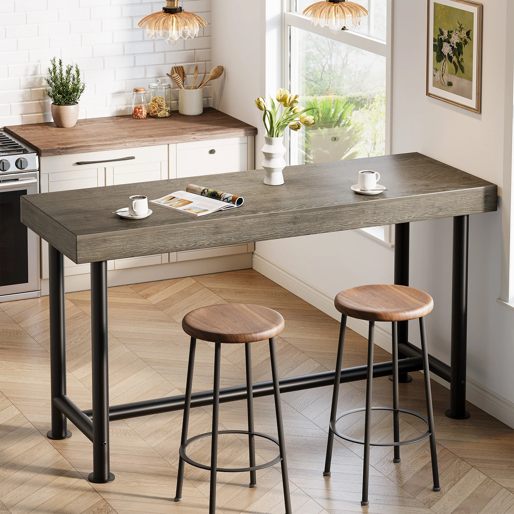 63" Solid Wood Bar Table, Rectangular Counter Height Pub Table with Metal Legs - Image 10