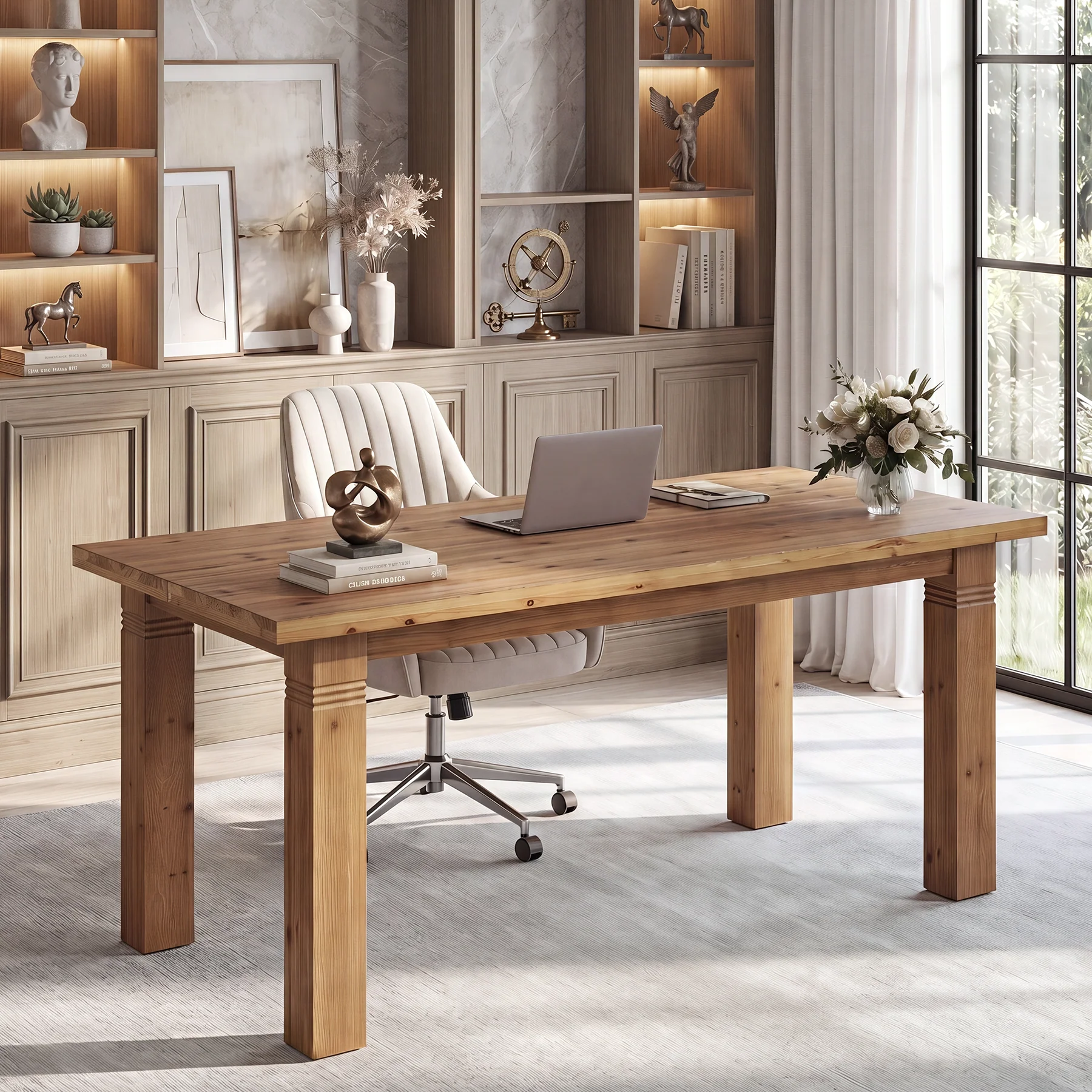 63" Solid Wood Computer Desk, Farmhouse Executive Desk with Heavy-Duty Legs