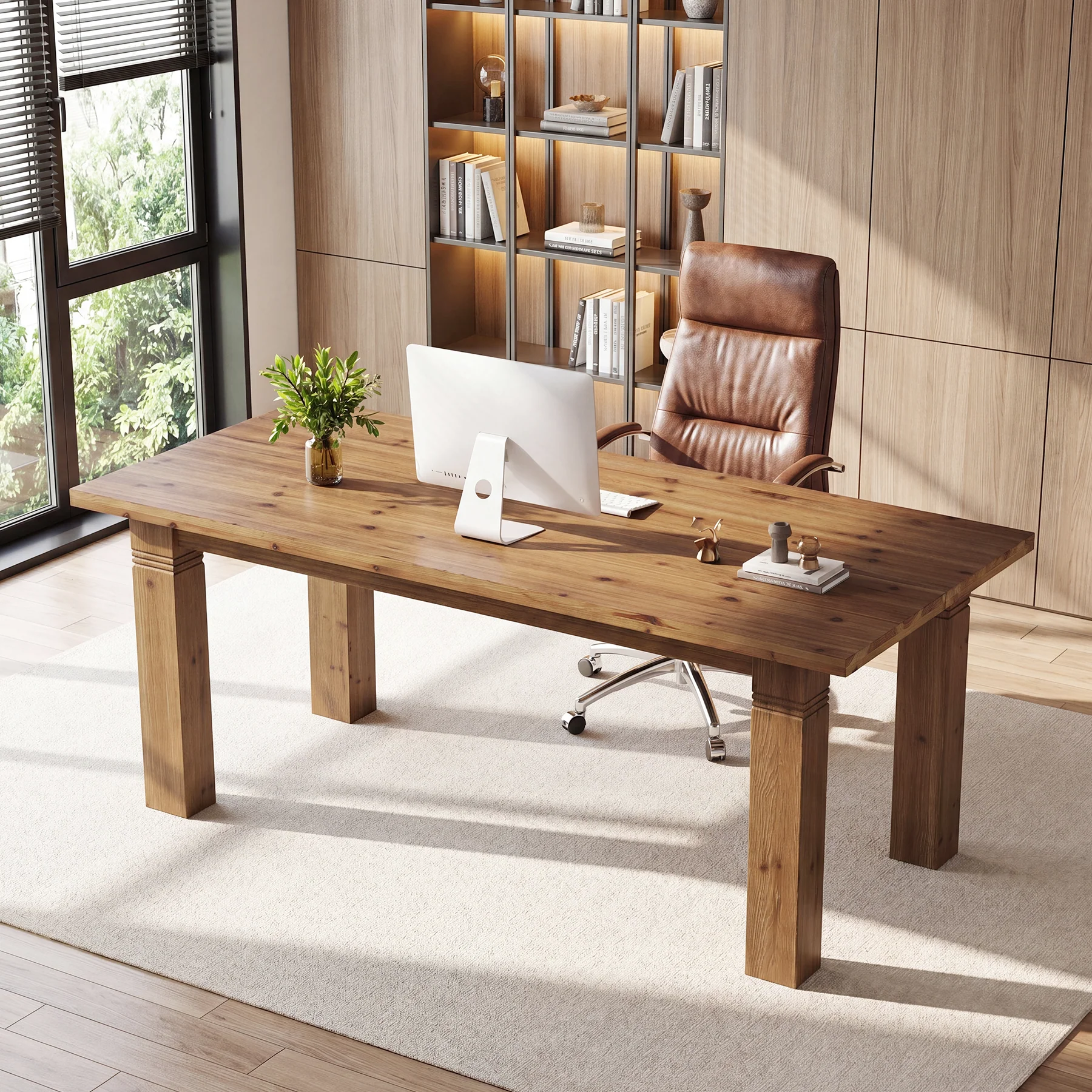 63" Solid Wood Computer Desk, Farmhouse Executive Desk with Heavy-Duty Legs - Image 4