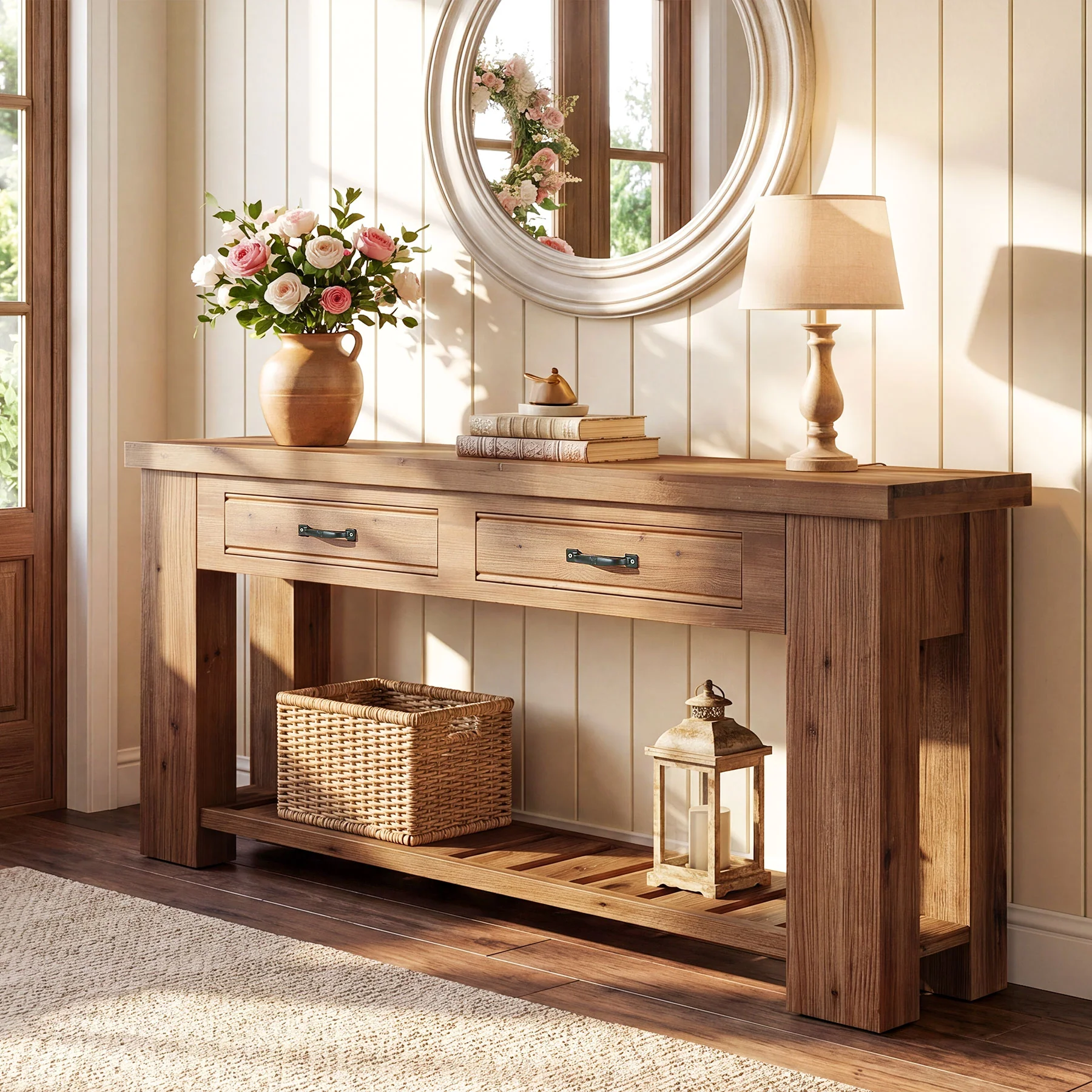 63" Solid Wood Console Table, Entryway Sofa Table with 2 Drawers and Open Slatted Shelf - Image 3