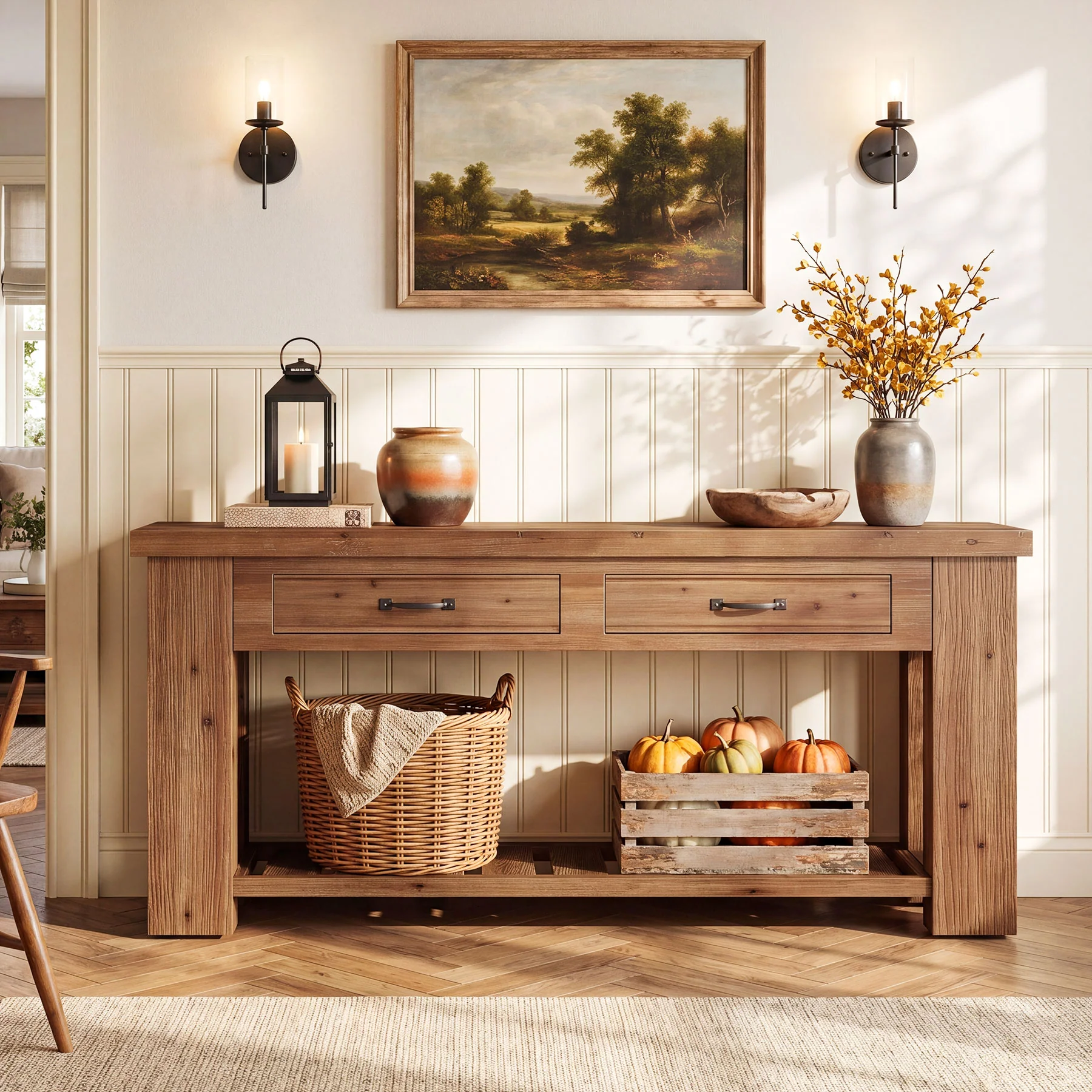 63" Solid Wood Console Table, Entryway Sofa Table with 2 Drawers and Open Slatted Shelf - Image 4