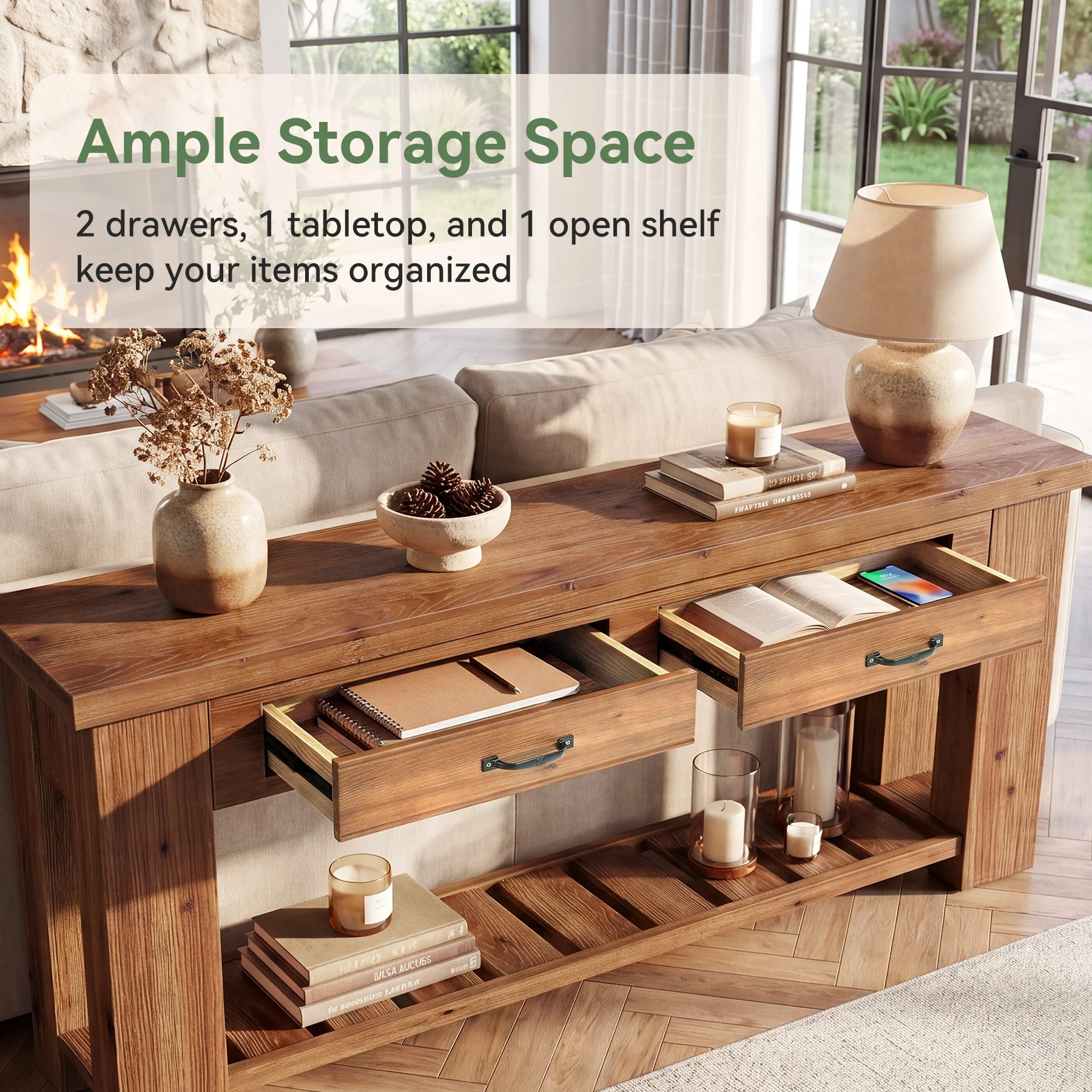 63" Solid Wood Console Table, Entryway Sofa Table with 2 Drawers and Open Slatted Shelf - Image 5