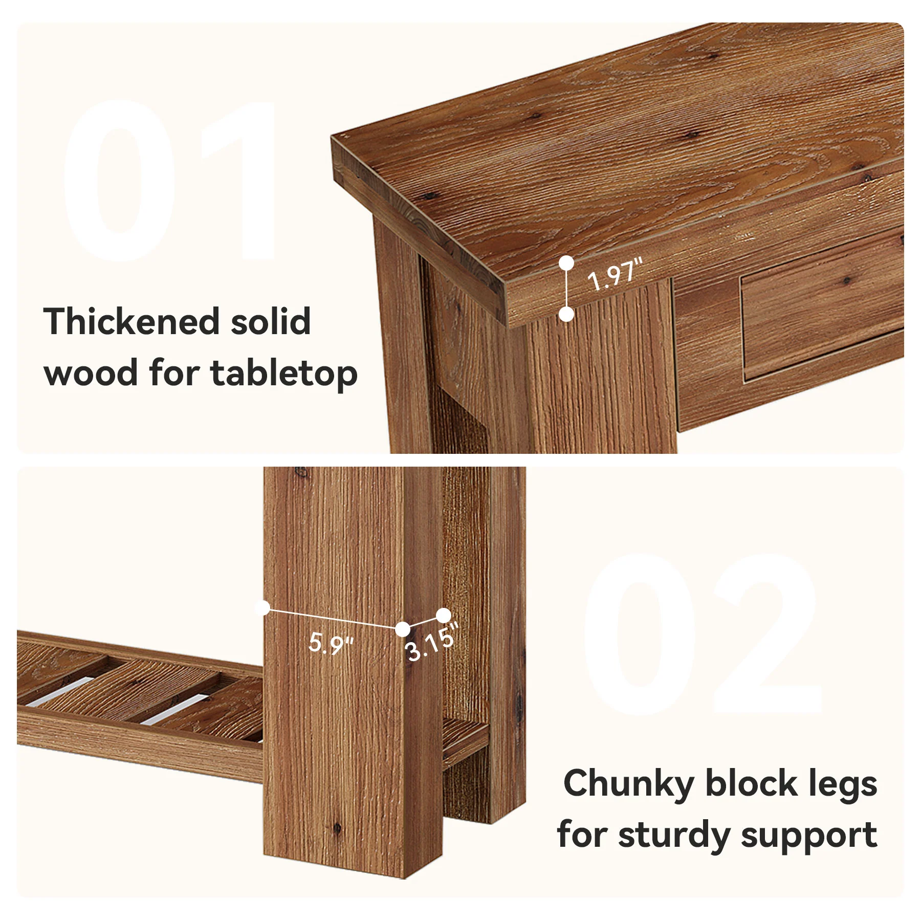63" Solid Wood Console Table, Entryway Sofa Table with 2 Drawers and Open Slatted Shelf - Image 7