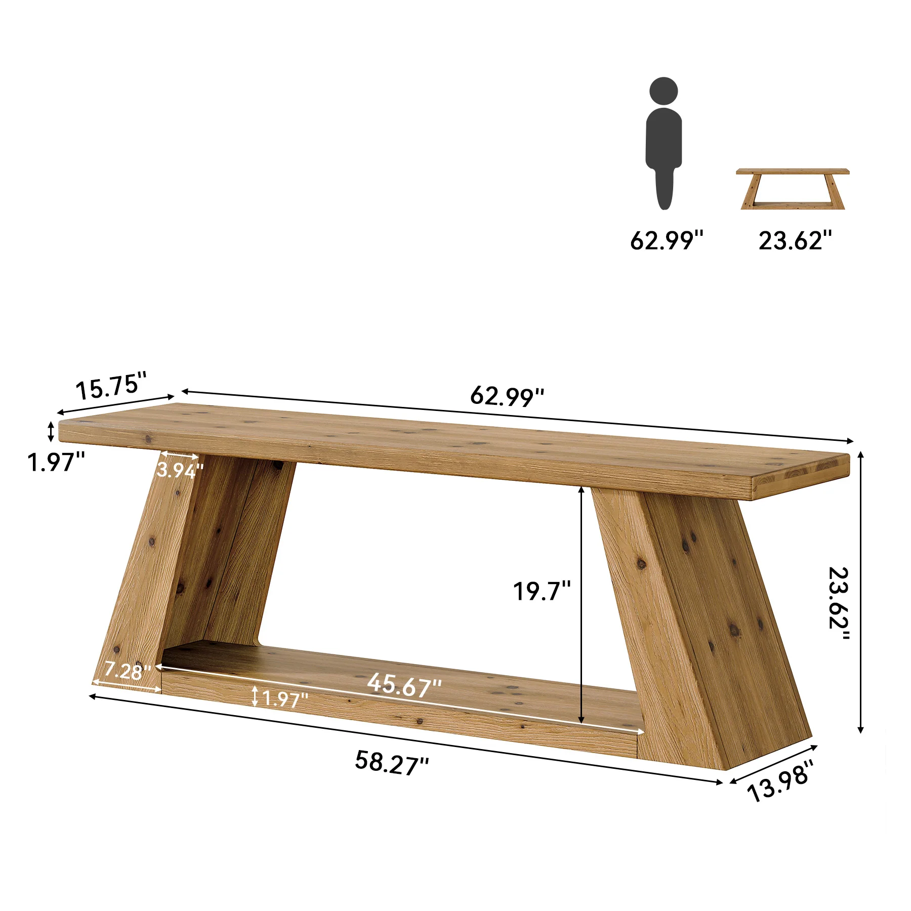 63" Solid Wood Console Table, Farmhouse Sofa Table with 2-Tier Open Shelf for Entryway - Image 2