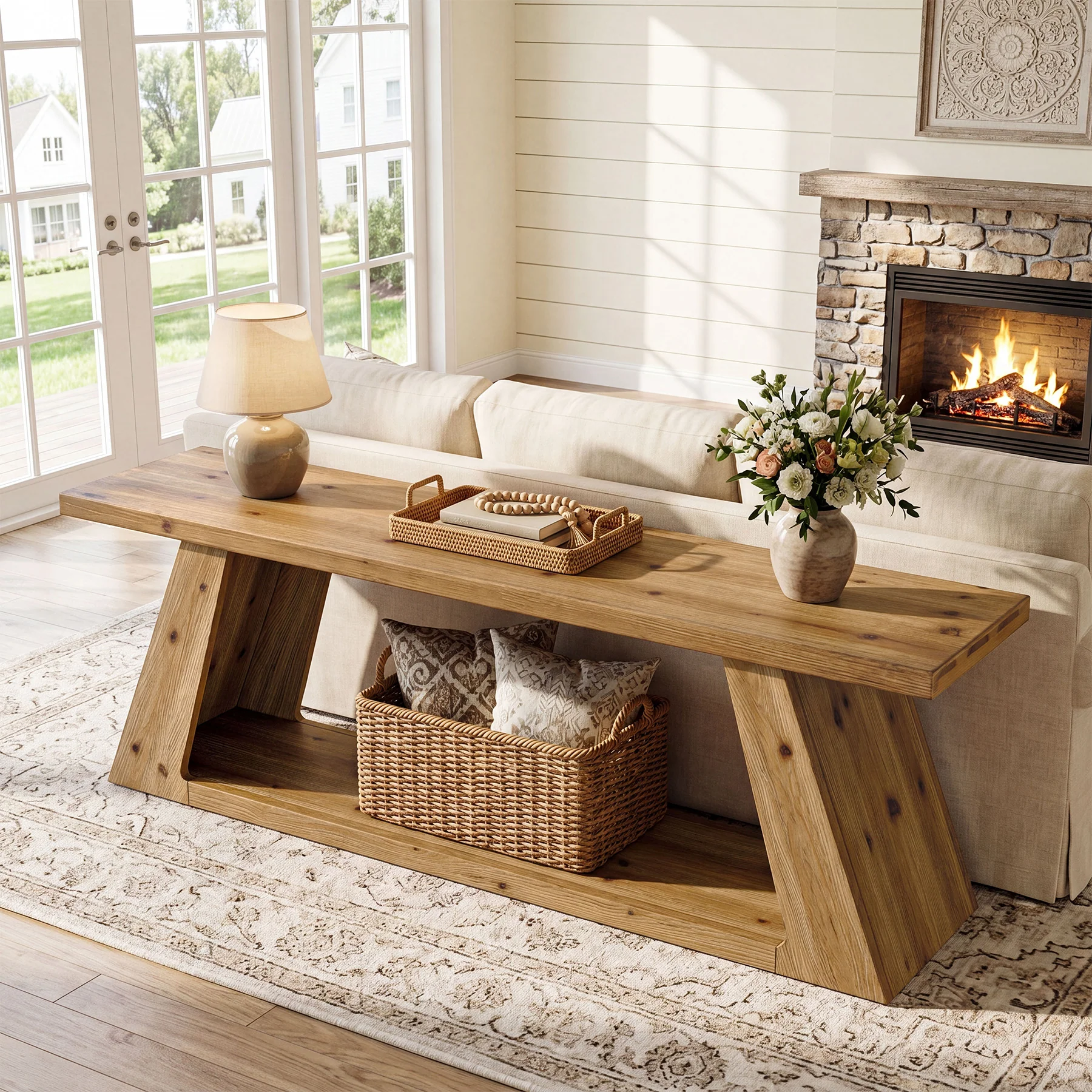 63" Solid Wood Console Table, Farmhouse Sofa Table with 2-Tier Open Shelf for Entryway - Image 3