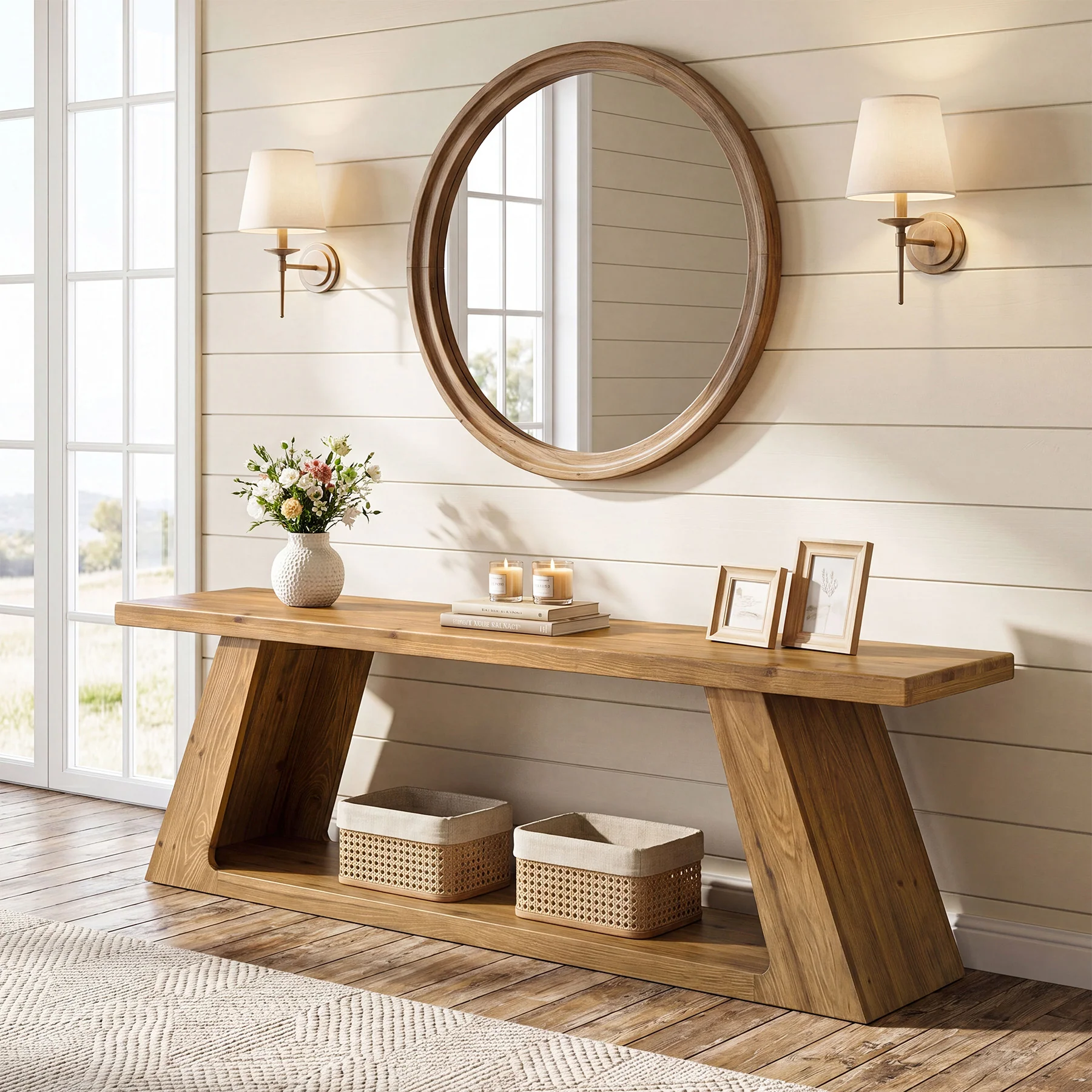 63" Solid Wood Console Table, Farmhouse Sofa Table with 2-Tier Open Shelf for Entryway - Image 5