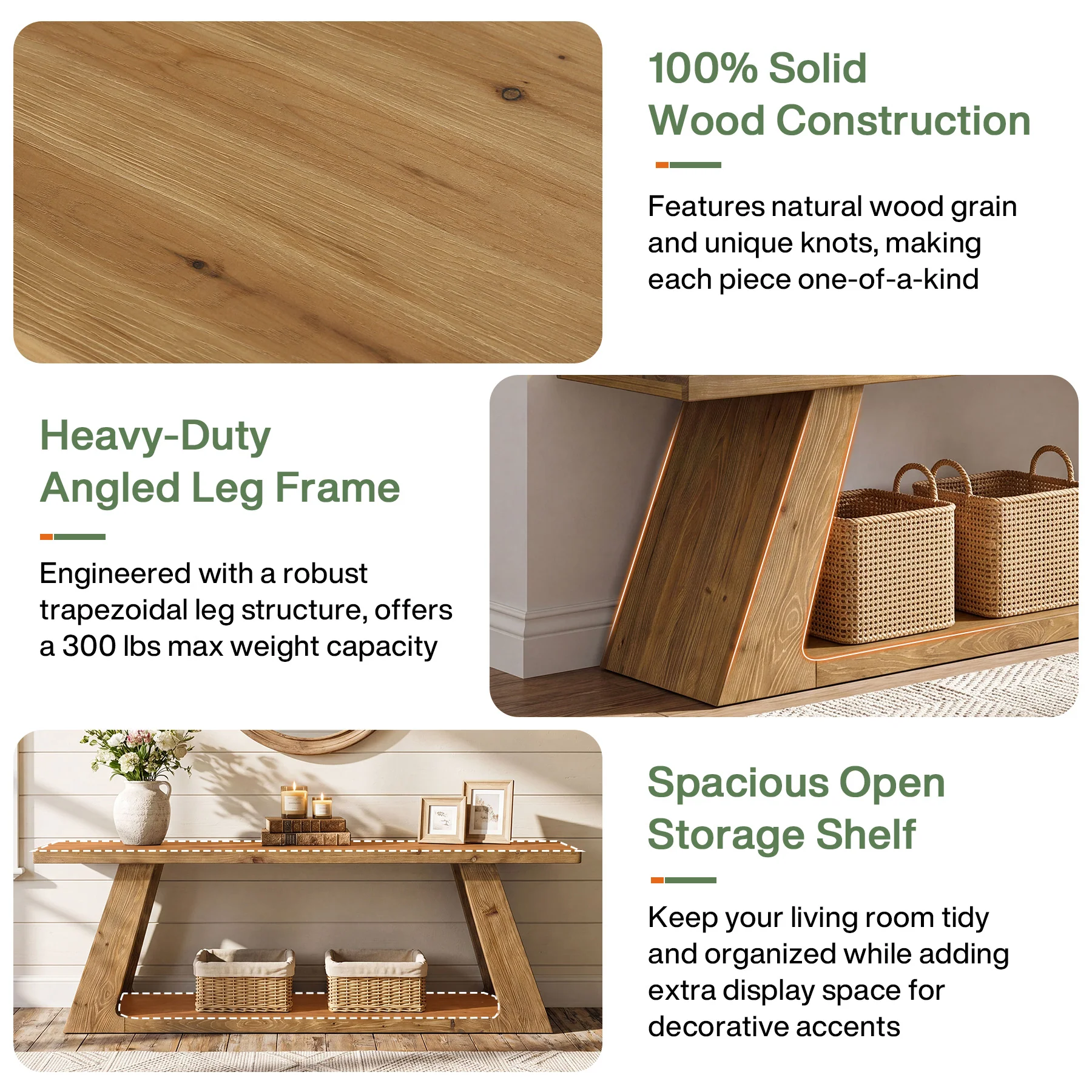 63" Solid Wood Console Table, Farmhouse Sofa Table with 2-Tier Open Shelf for Entryway - Image 7