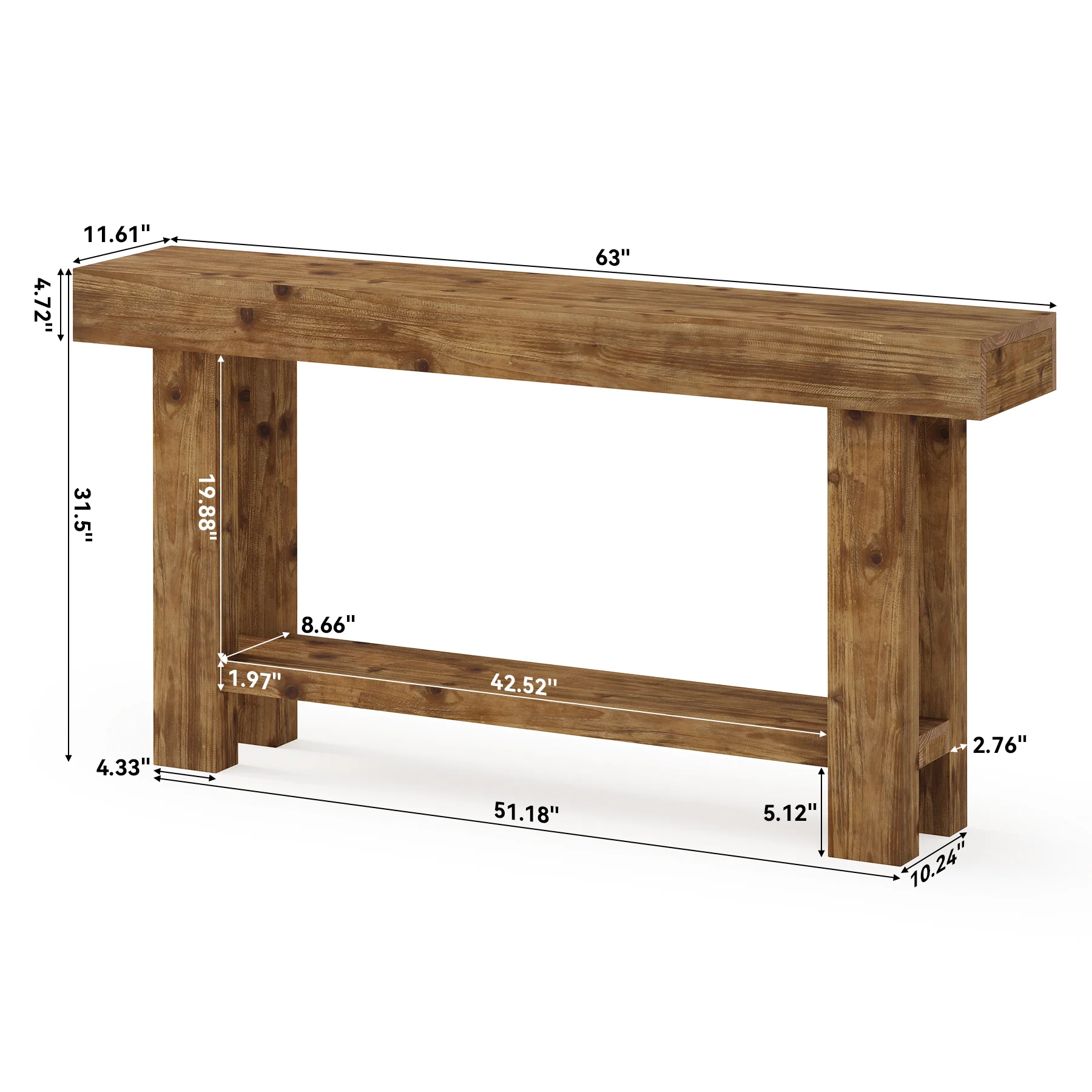 63" Solid Wood Console Table, 2-Tier Narrow Entryway Sofa Table - Image 2