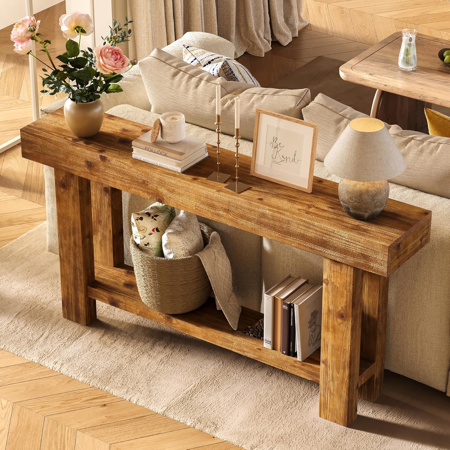 63" Solid Wood Console Table, 2-Tier Narrow Entryway Sofa Table - Image 5
