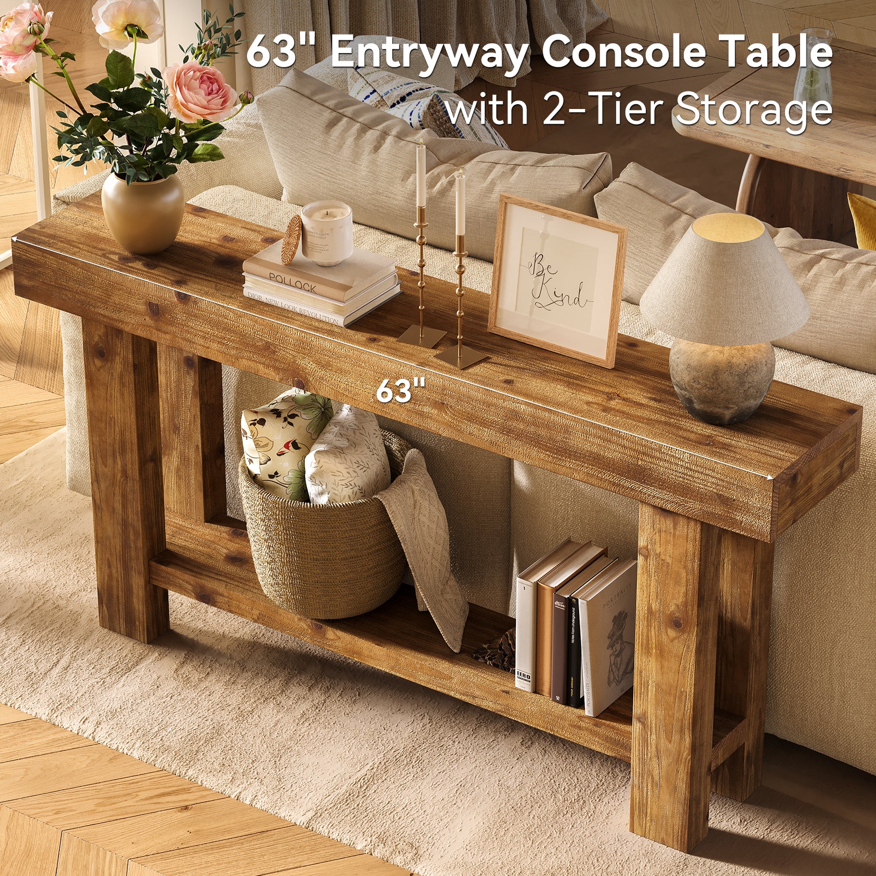 63" Solid Wood Console Table, 2-Tier Narrow Entryway Sofa Table - Image 8