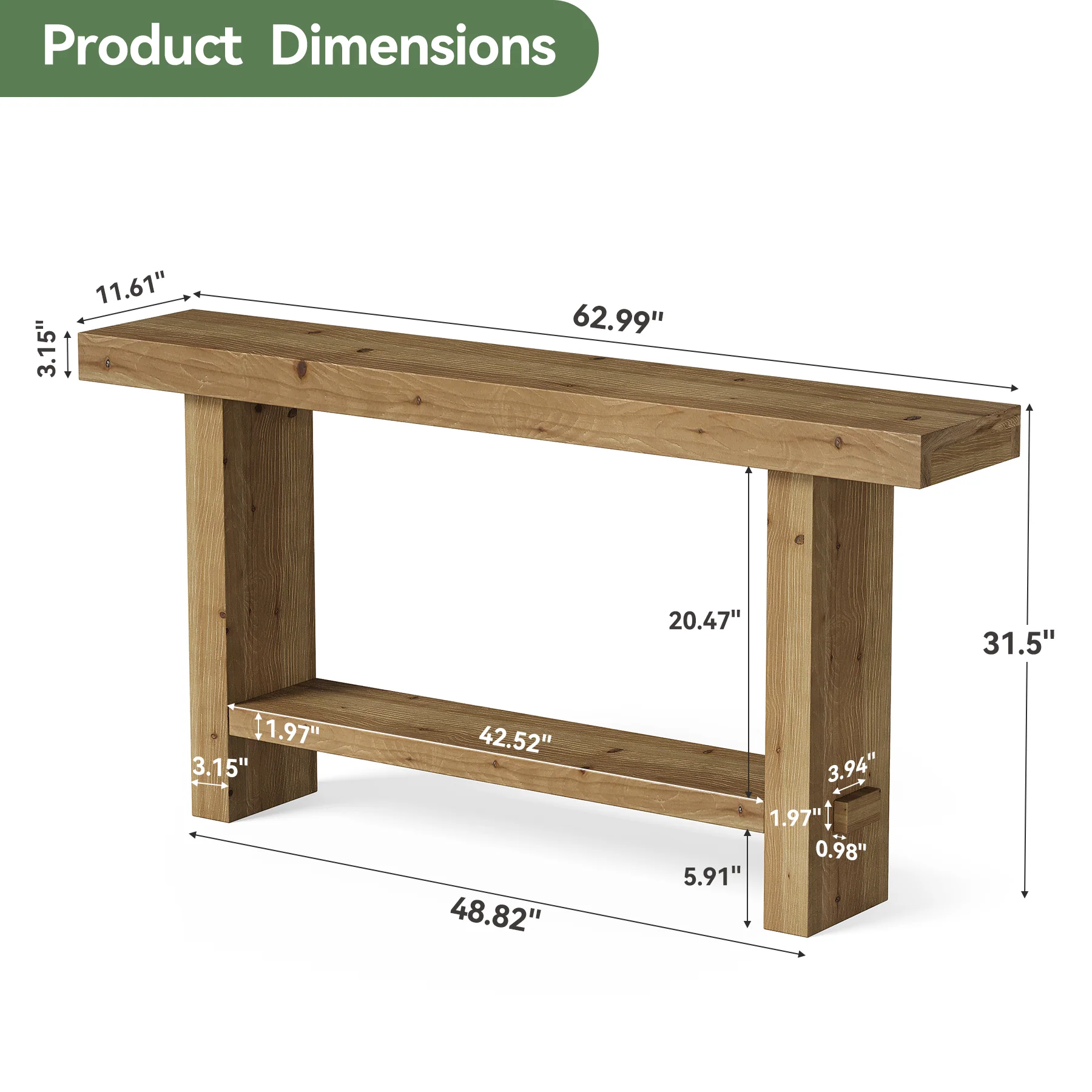 63" Solid Wood Console Table, 2-Tier Narrow Entryway Table for Hallway - Image 2
