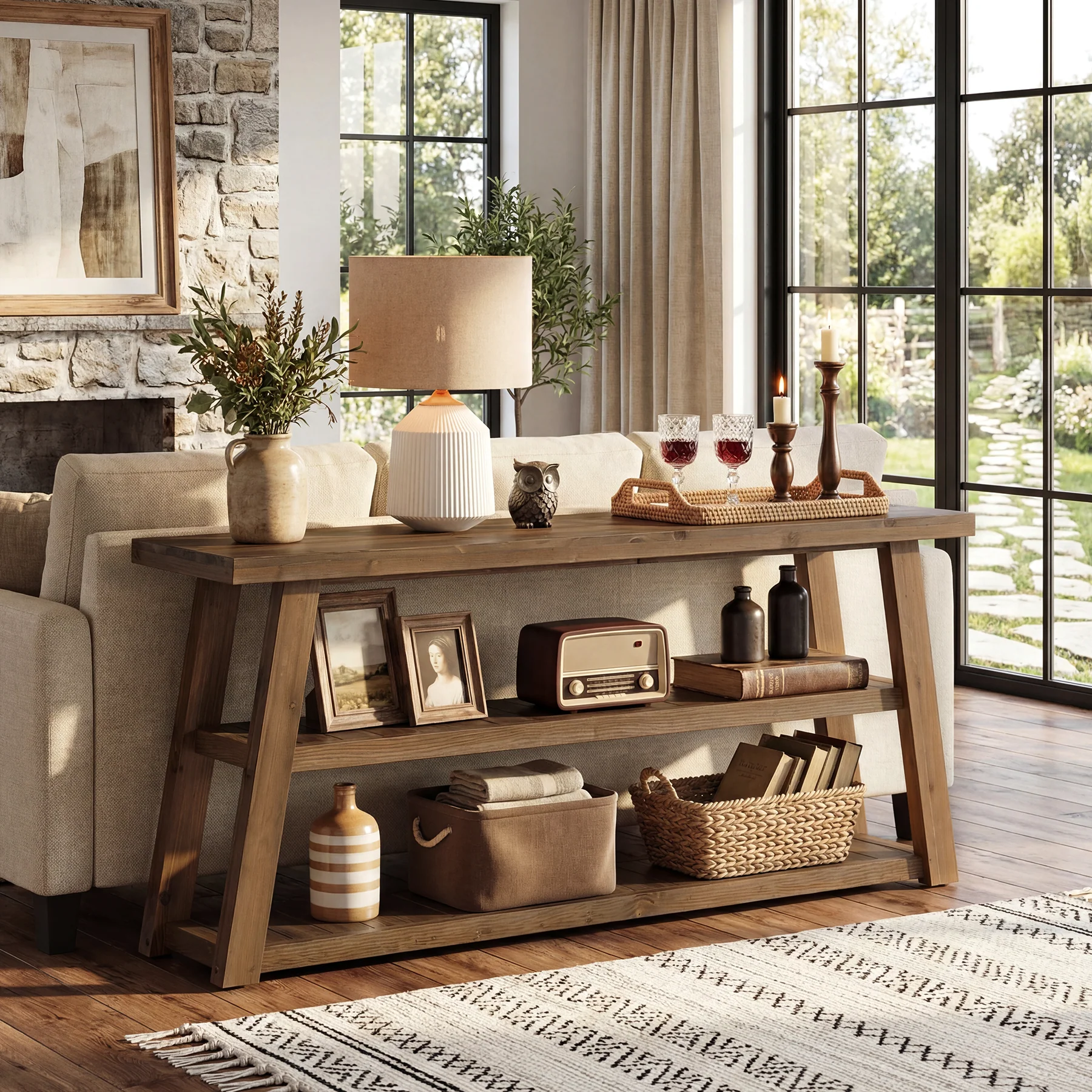 63" Solid Wood Console Table, 3-Tier Farmhouse Entryway Table with Storage Shelves - Image 4