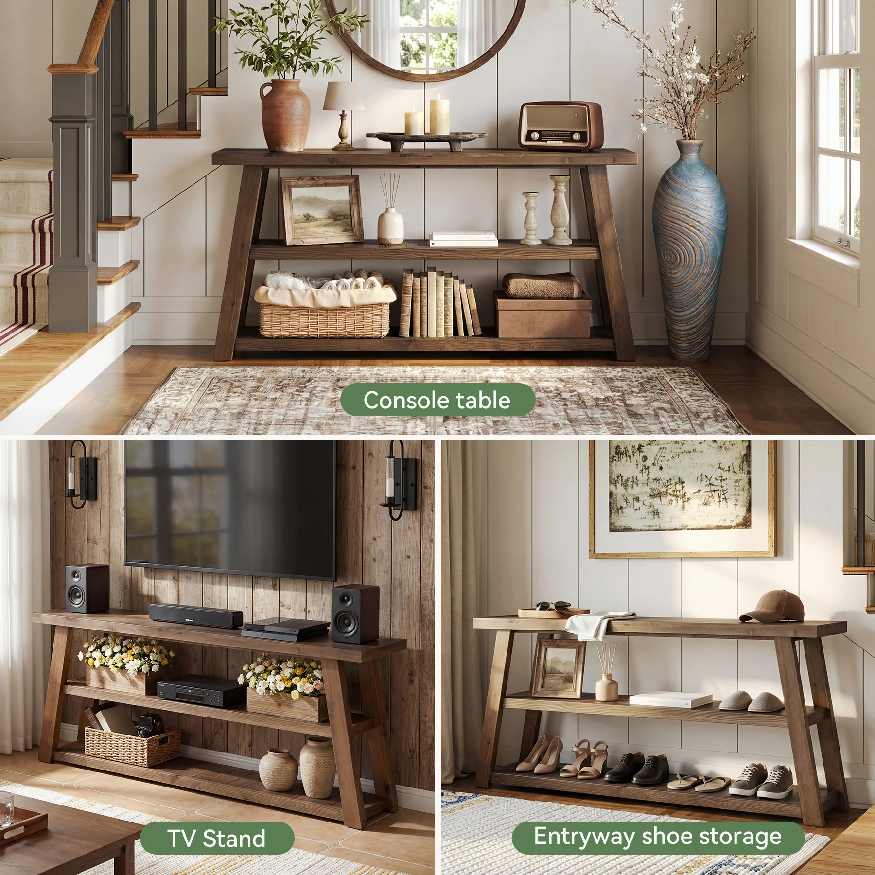 63" Solid Wood Console Table, 3-Tier Farmhouse Entryway Table with Storage Shelves - Image 6