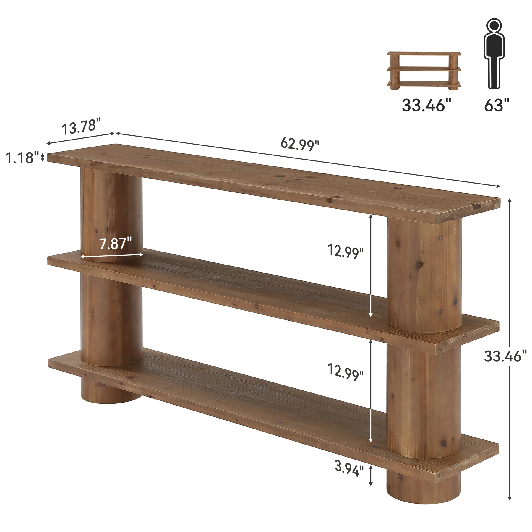 63" Solid Wood Console Table, 3-Tier Sofa Entryway Table with Cylindrical Legs - Image 2