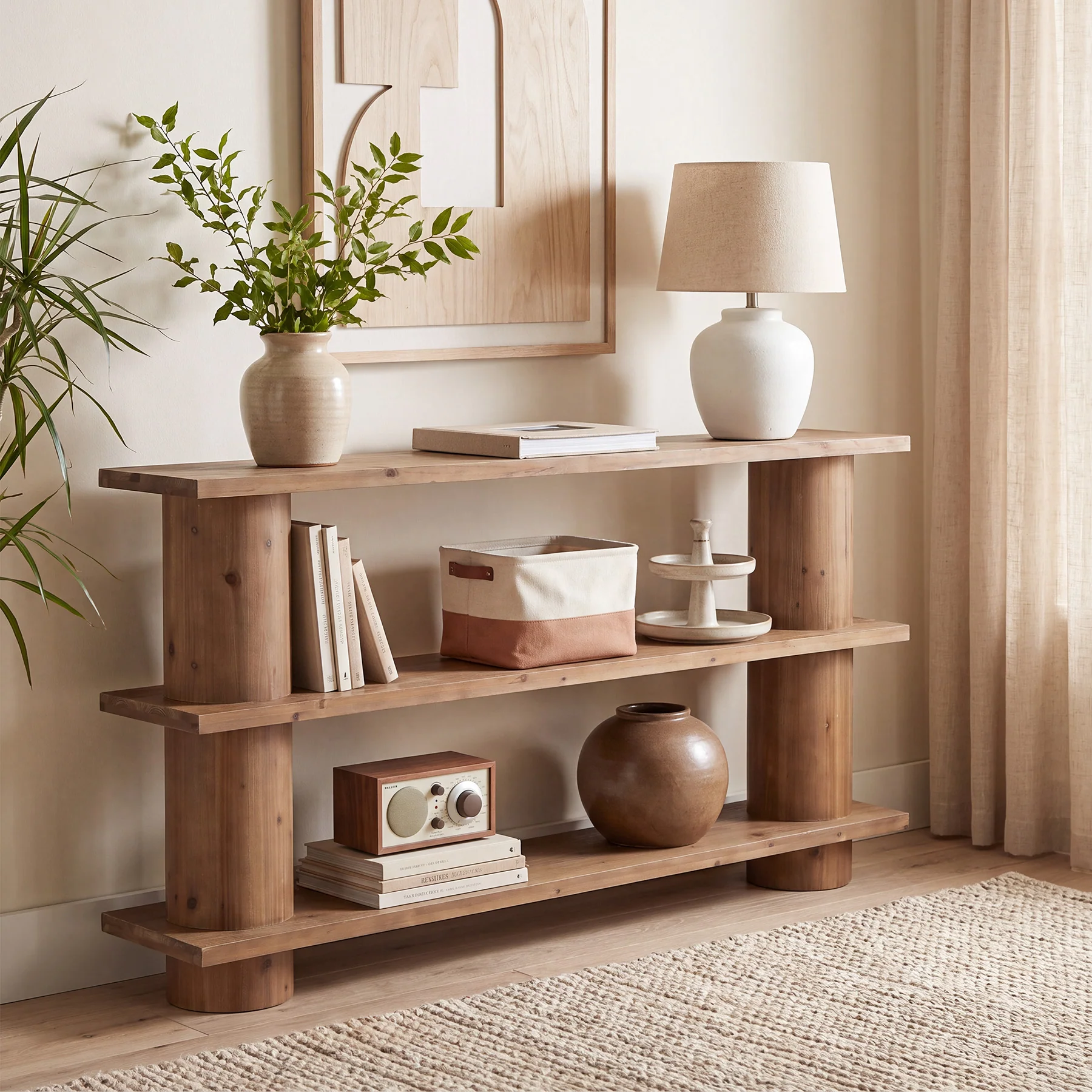 63" Solid Wood Console Table, 3-Tier Sofa Entryway Table with Cylindrical Legs - Image 3