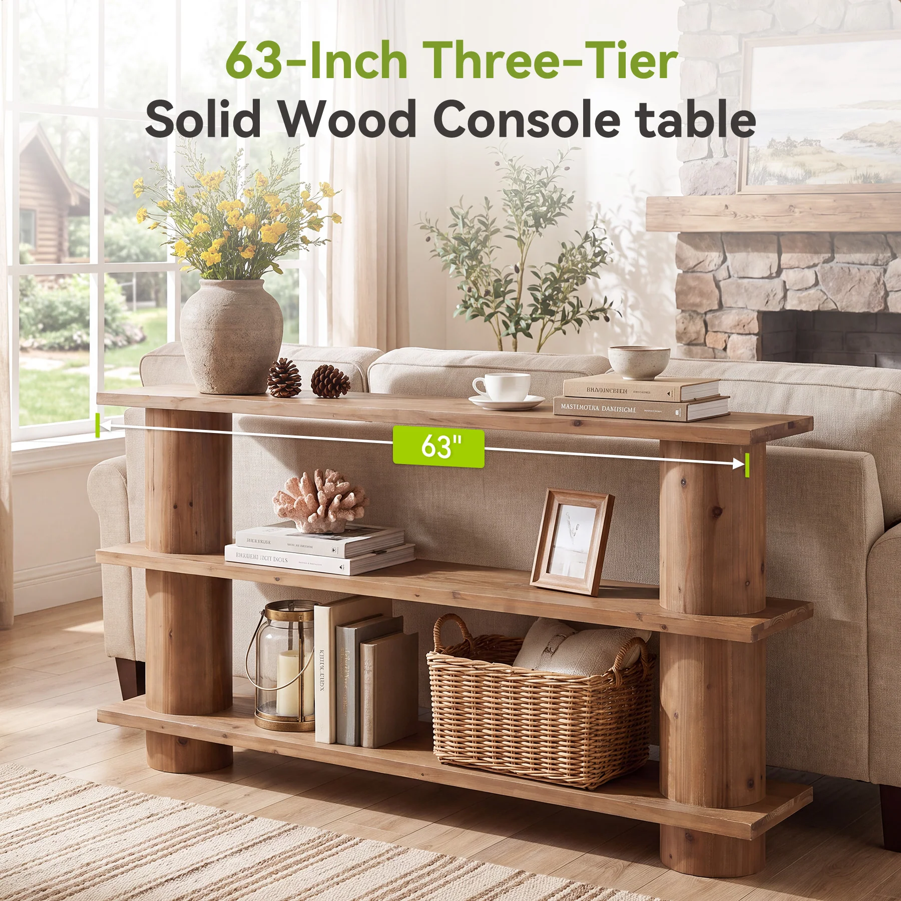 63" Solid Wood Console Table, 3-Tier Sofa Entryway Table with Cylindrical Legs - Image 5