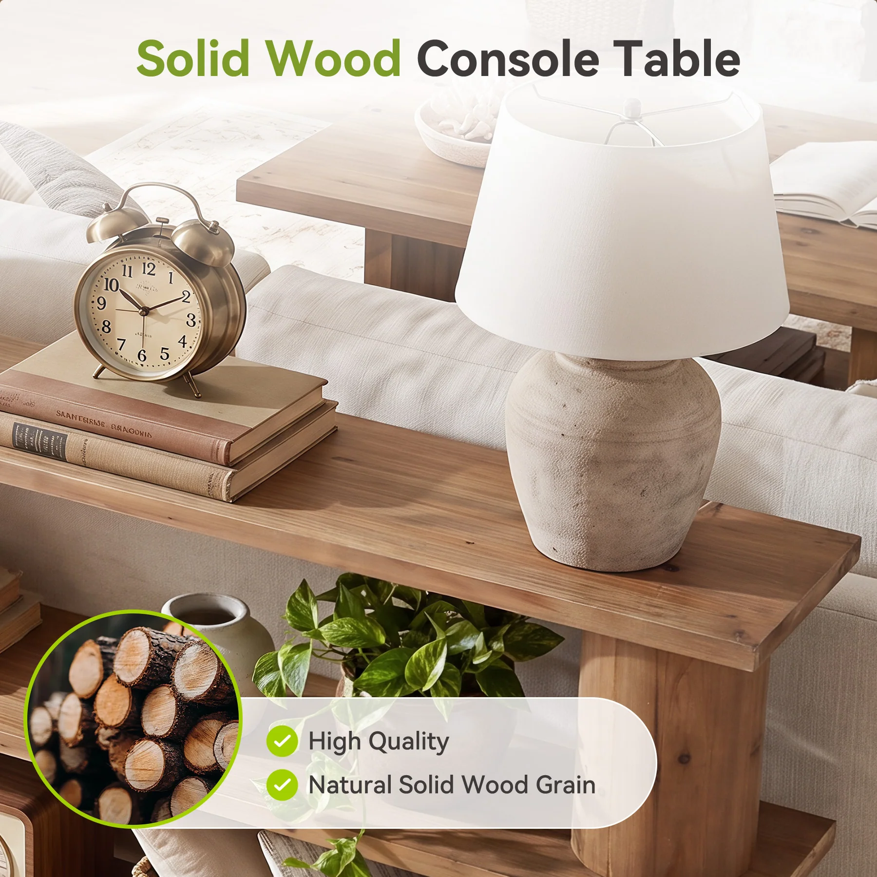 63" Solid Wood Console Table, 3-Tier Sofa Entryway Table with Cylindrical Legs - Image 6