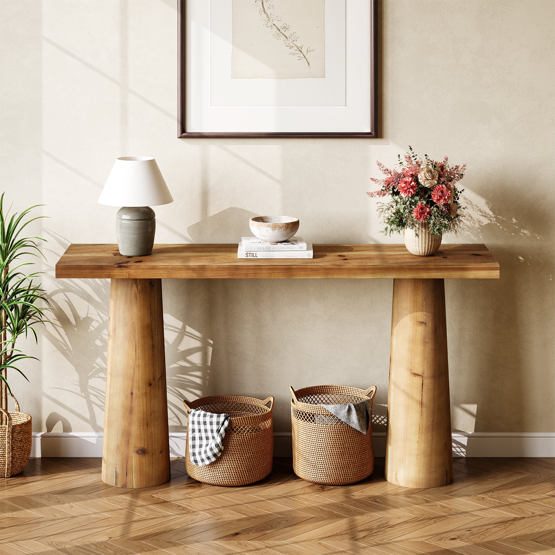 63" Solid Wood Console Table, Farmhouse Entryway Table with Cylindrical Legs - Image 4
