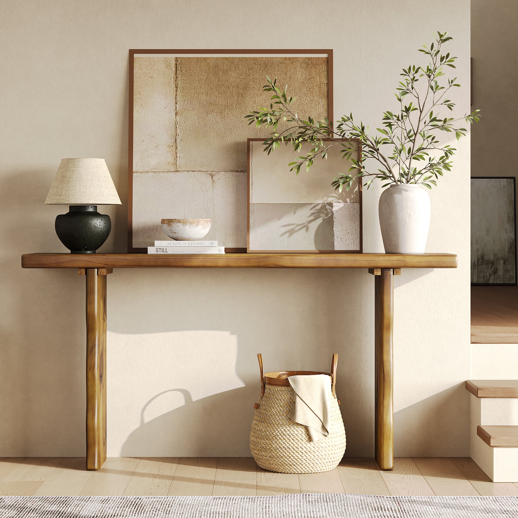 63" Solid Wood Console Table, Farmhouse Narrow Sofa & Entryway Table for Behind Couch or Hallway - Image 3