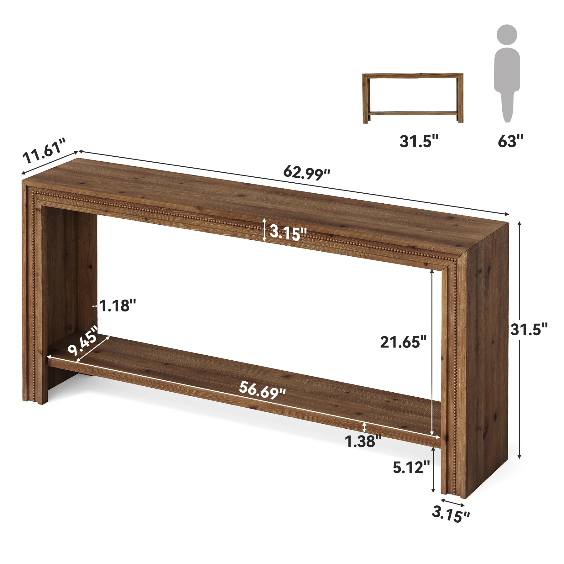 63" Solid Wood Console Table, Narrow Entryway Table with 2-Tier Storage Shelf - Image 2