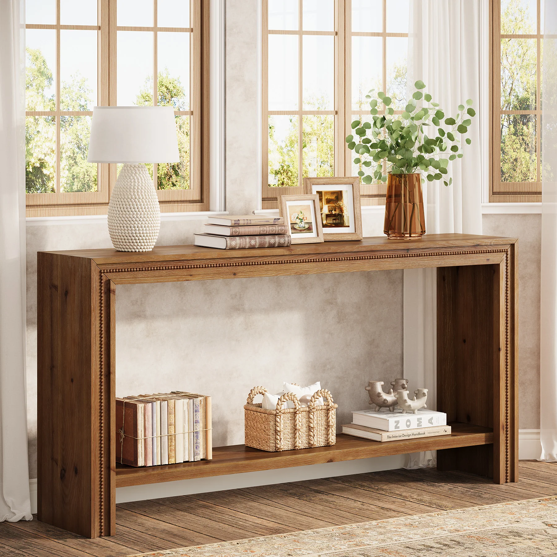 63" Solid Wood Console Table, Narrow Entryway Table with 2-Tier Storage Shelf - Image 3