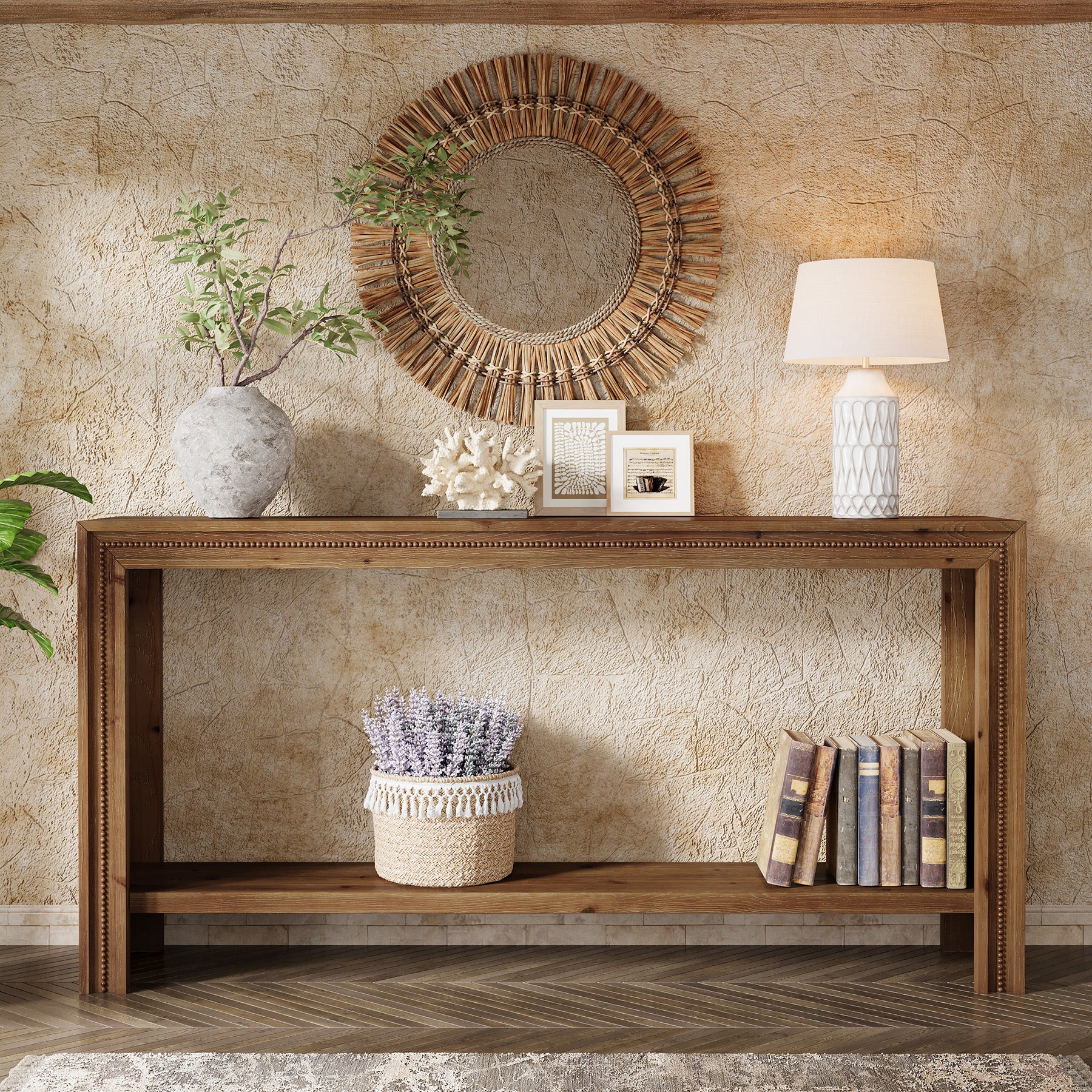 63" Solid Wood Console Table, Narrow Entryway Table with 2-Tier Storage Shelf - Image 4