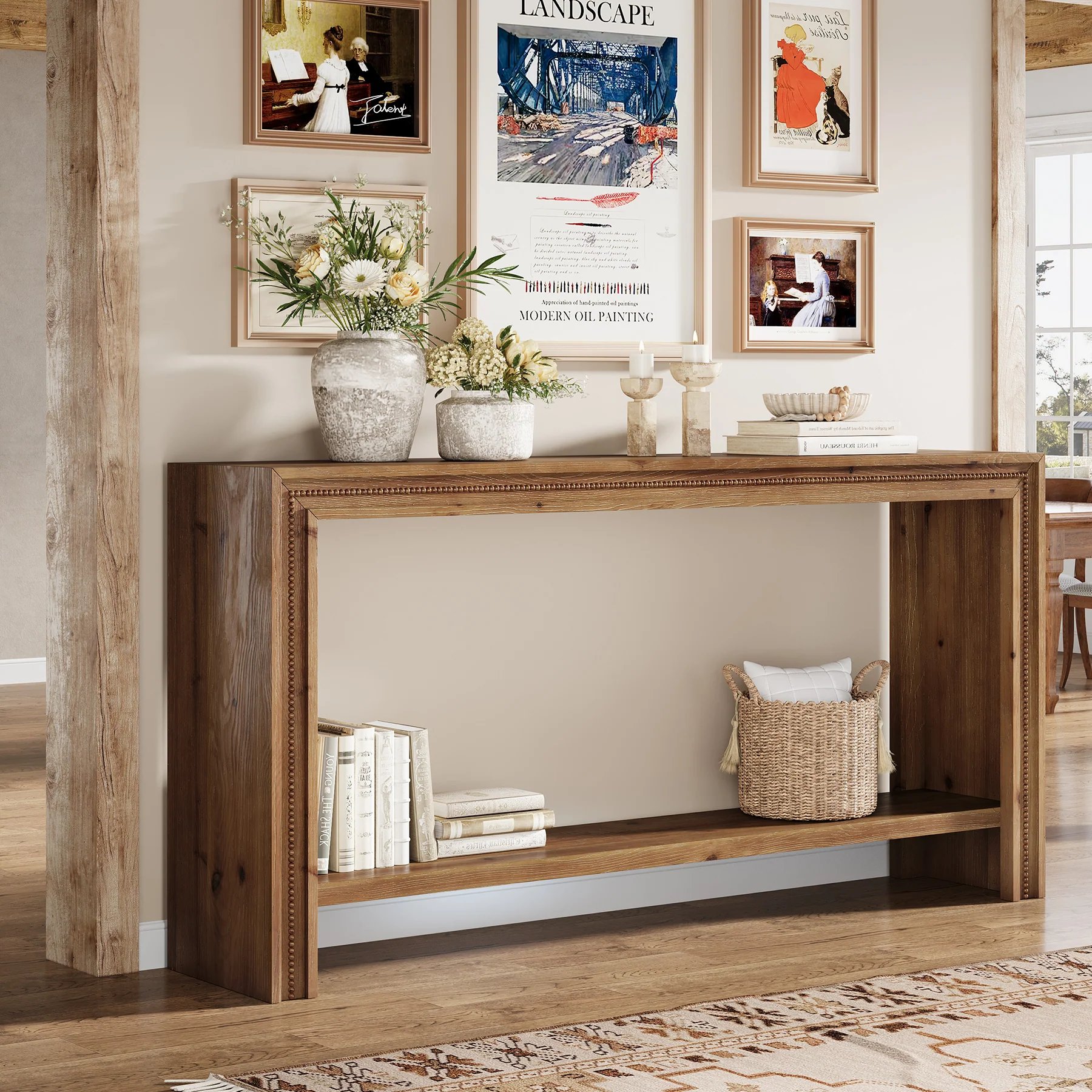 63" Solid Wood Console Table, Narrow Entryway Table with 2-Tier Storage Shelf - Image 5