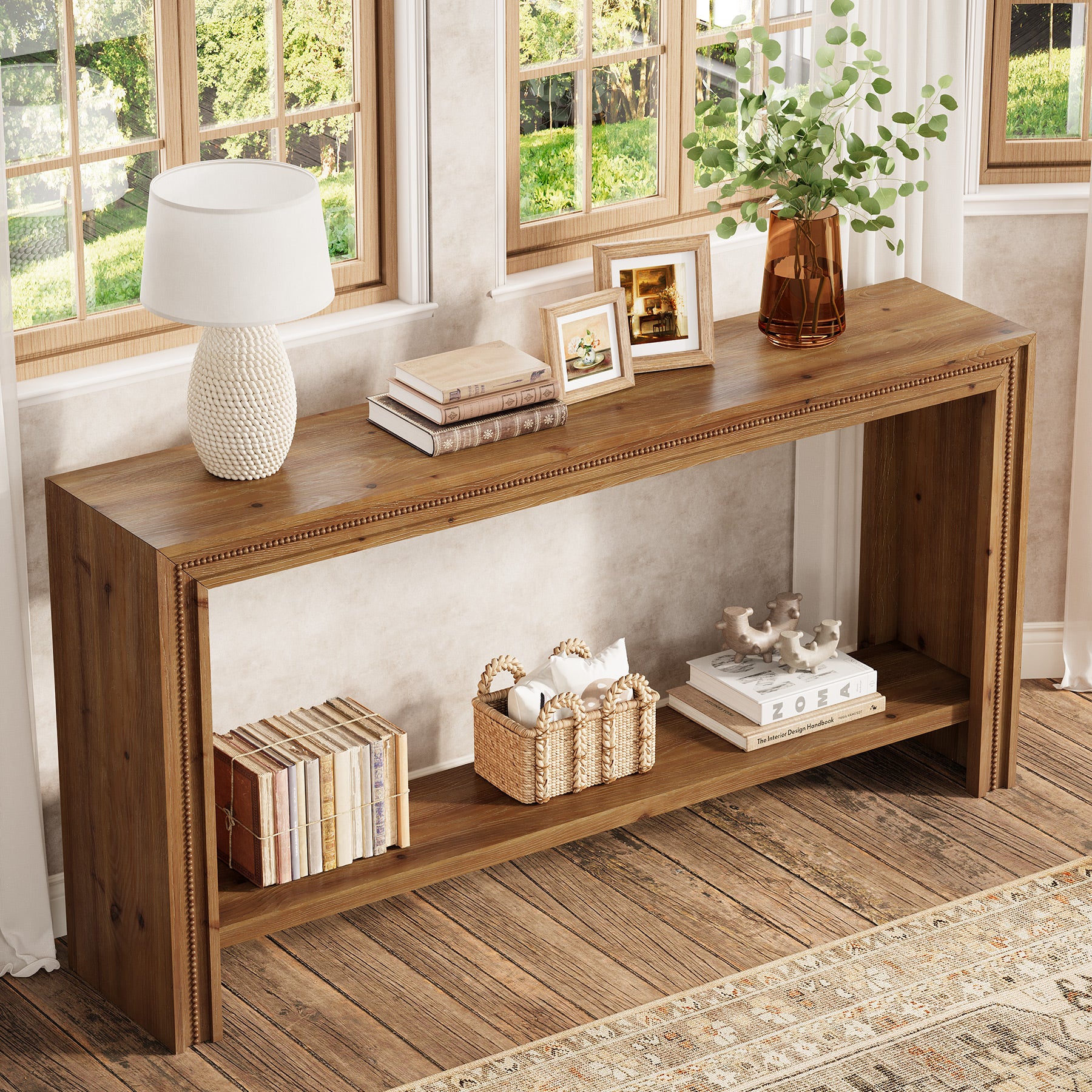 63" Solid Wood Console Table, Narrow Entryway Table with 2-Tier Storage Shelf - Image 6