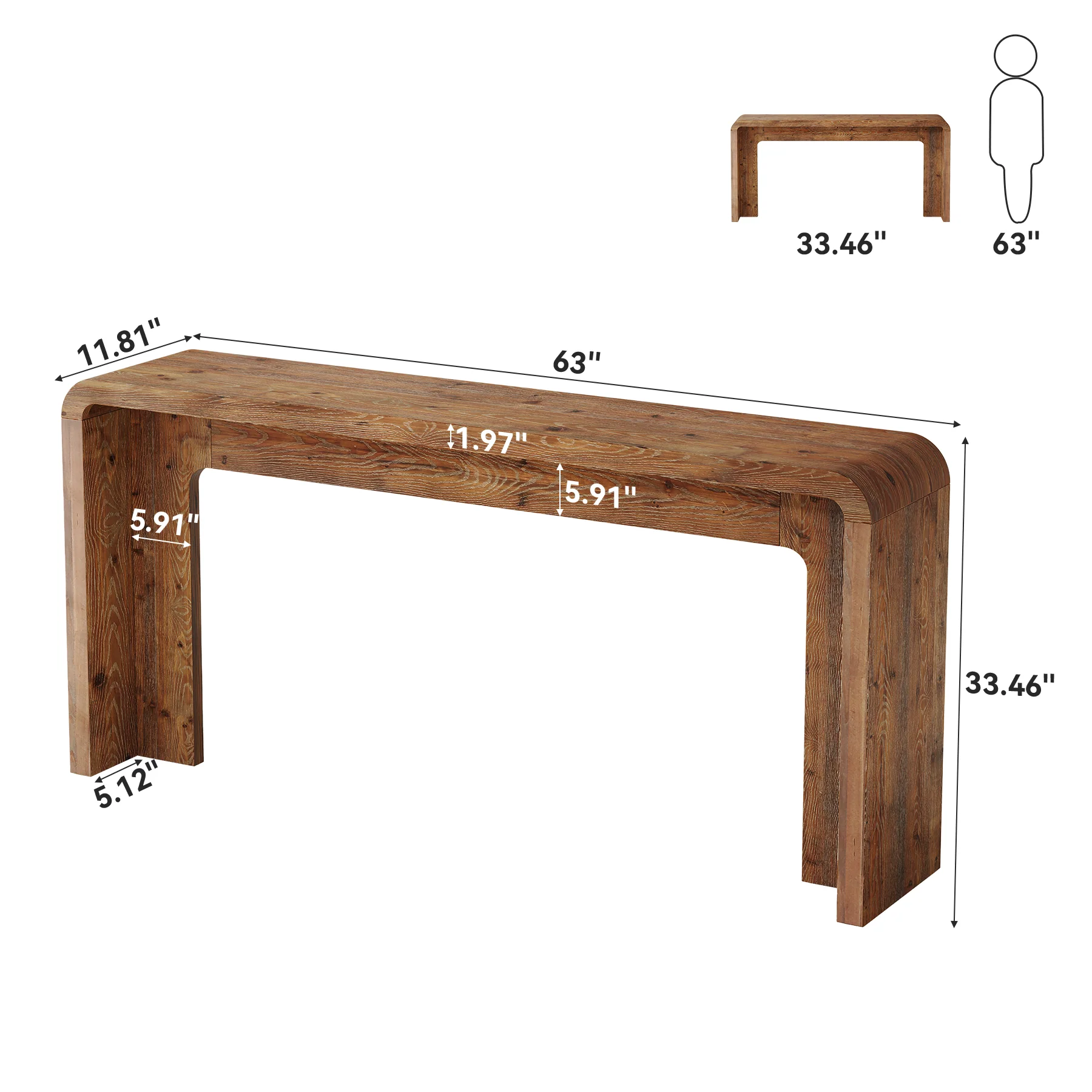 63" Solid Wood Console Table, Narrow Farmhouse Entryway & Sofa Table for Behind Couch or Hallway - Image 2
