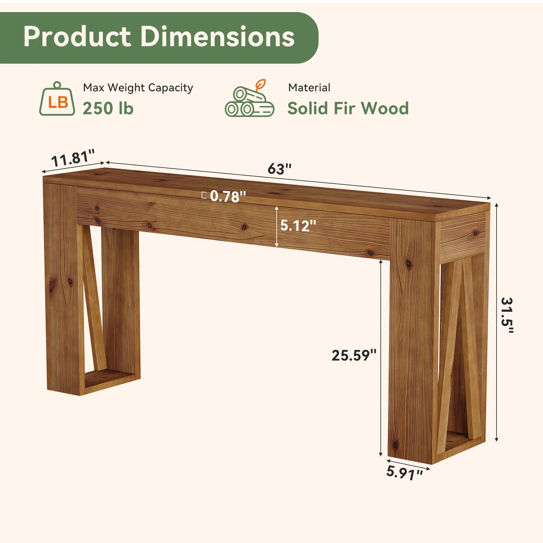 63" Solid Wood Console Table, Narrow Rectangle Entryway Sofa Table for Hallway - Image 2