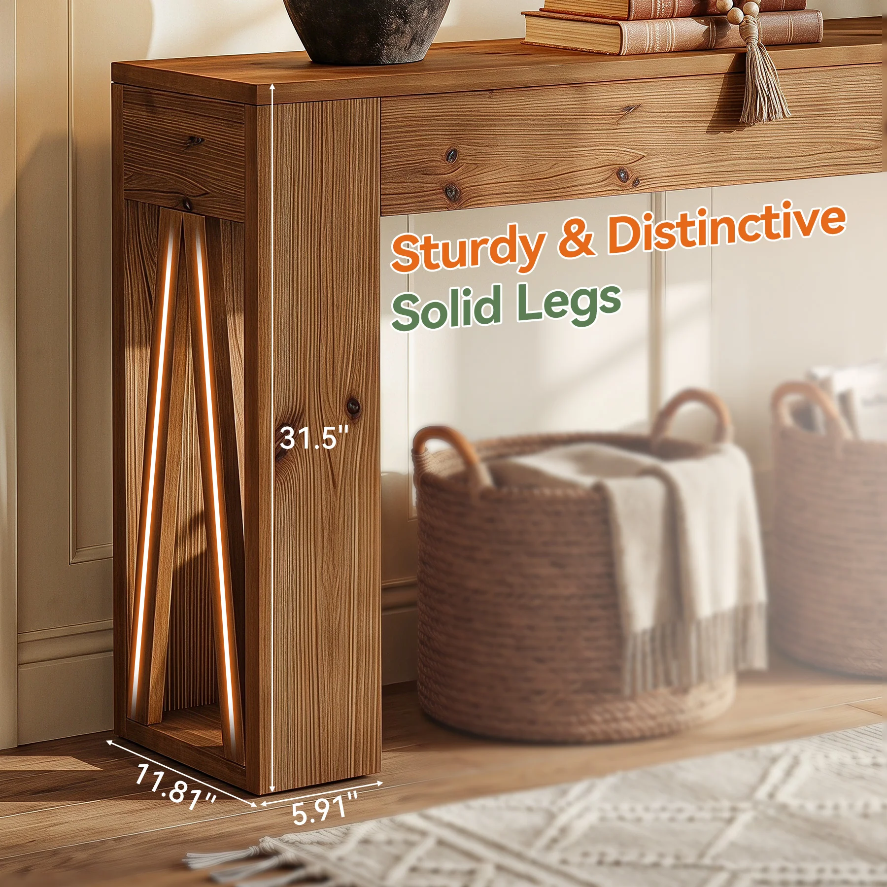 63" Solid Wood Console Table, Narrow Rectangle Entryway Sofa Table for Hallway - Image 7