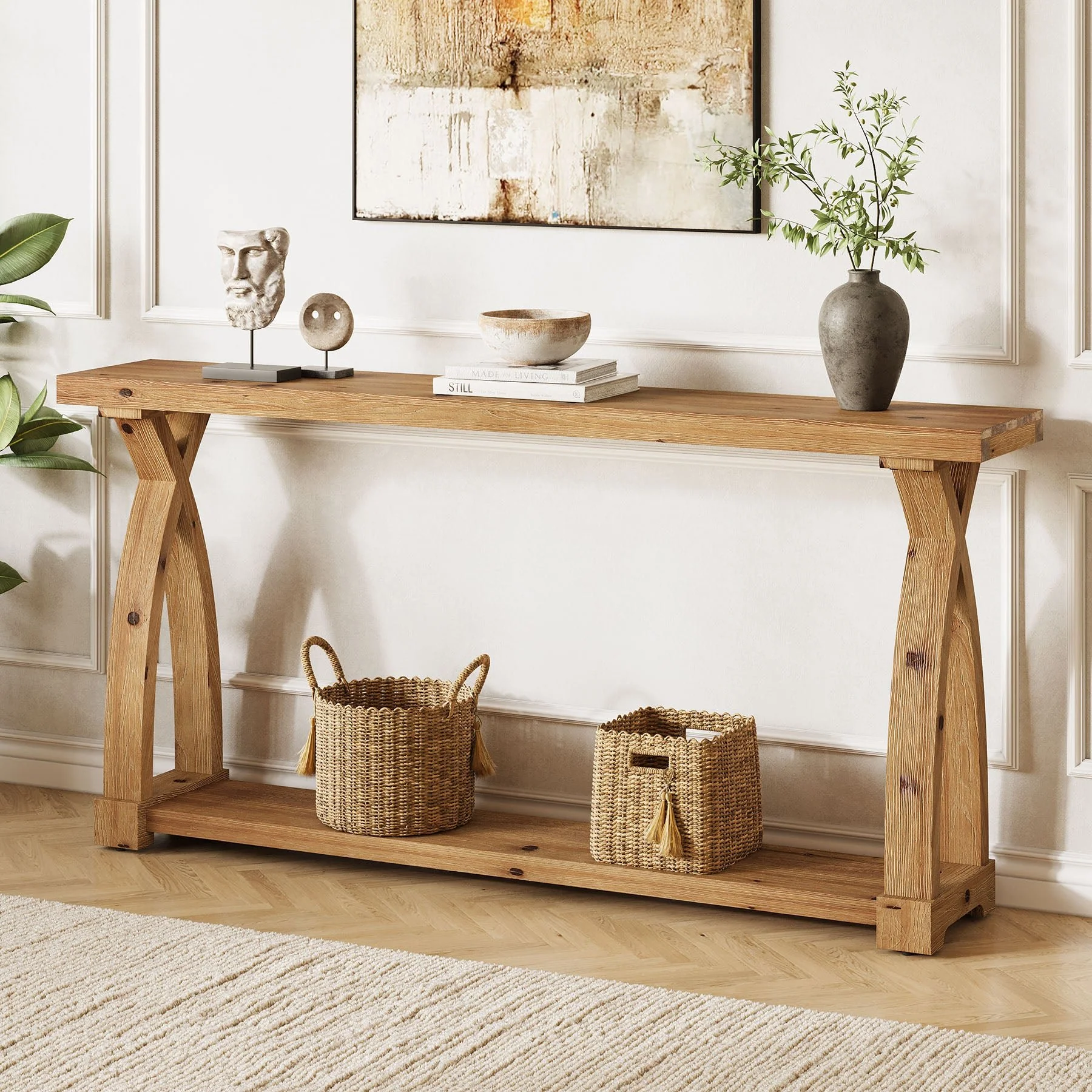 63" Solid Wood Console Table, Narrow Sofa Entryway Table with 2-Tier Storage - Image 13