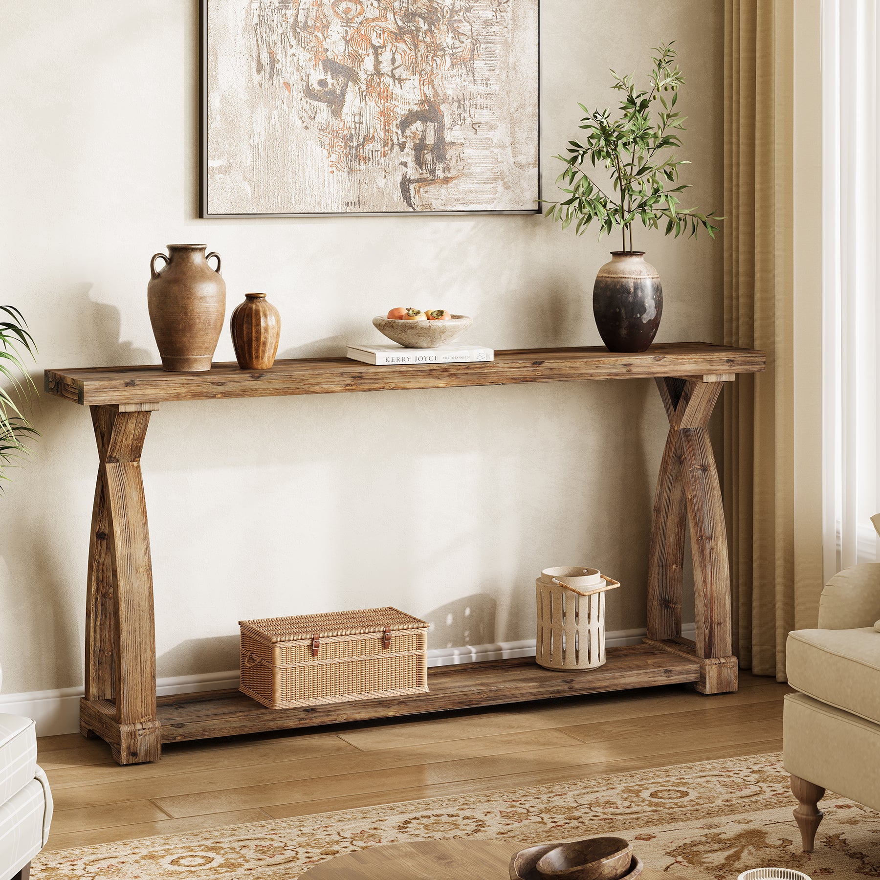 63" Solid Wood Console Table, Narrow Sofa Entryway Table with 2-Tier Storage - Image 3