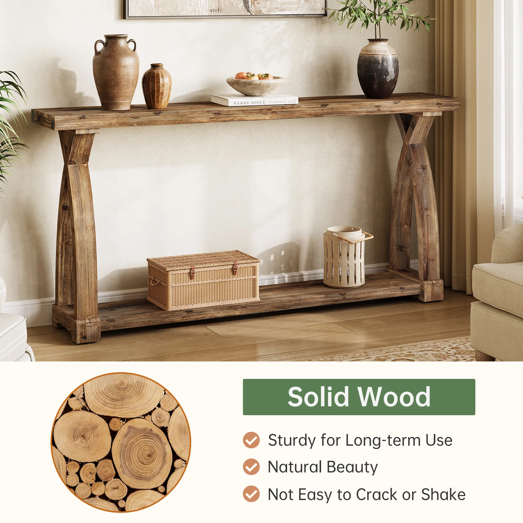 63" Solid Wood Console Table, Narrow Sofa Entryway Table with 2-Tier Storage - Image 6