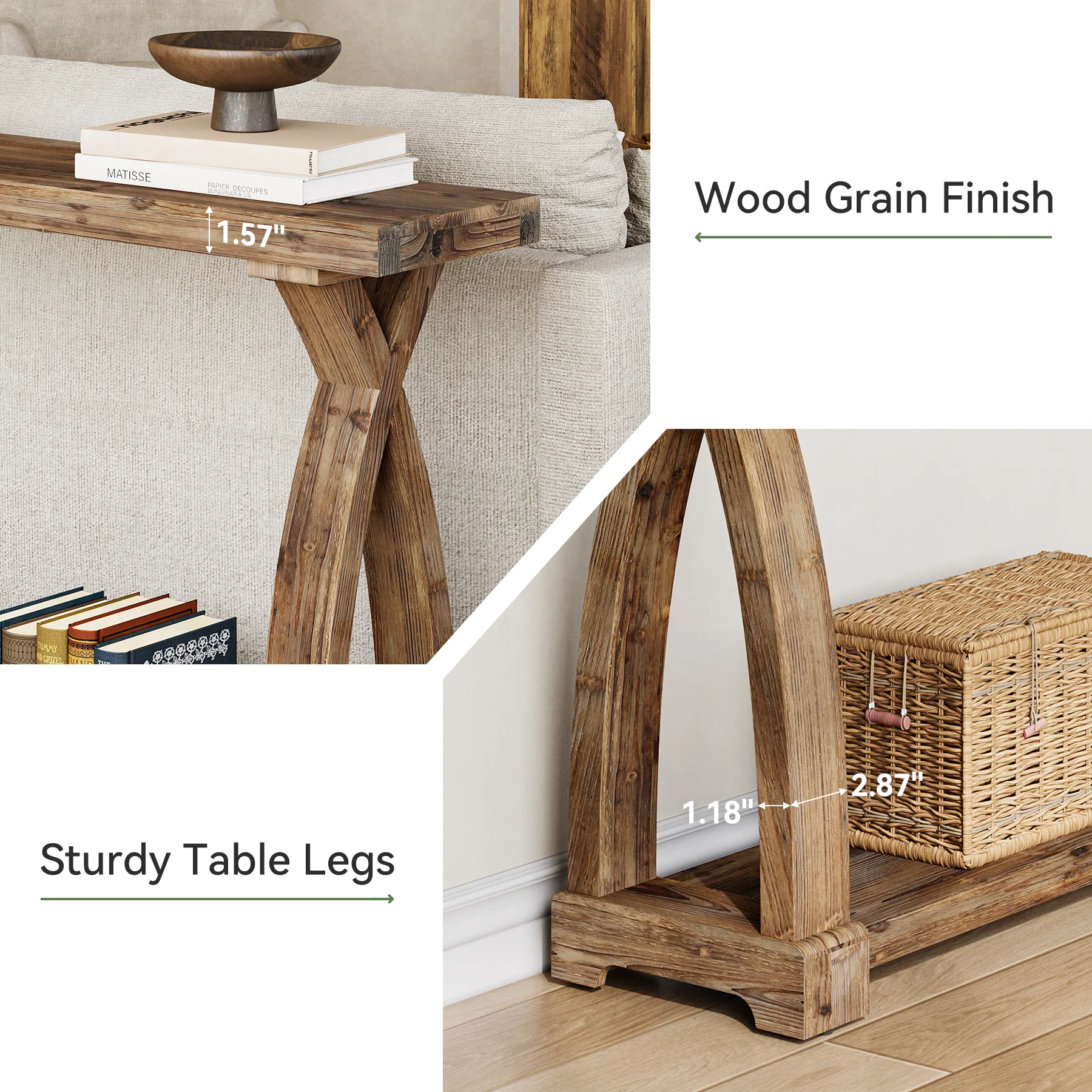 63" Solid Wood Console Table, Narrow Sofa Entryway Table with 2-Tier Storage - Image 7