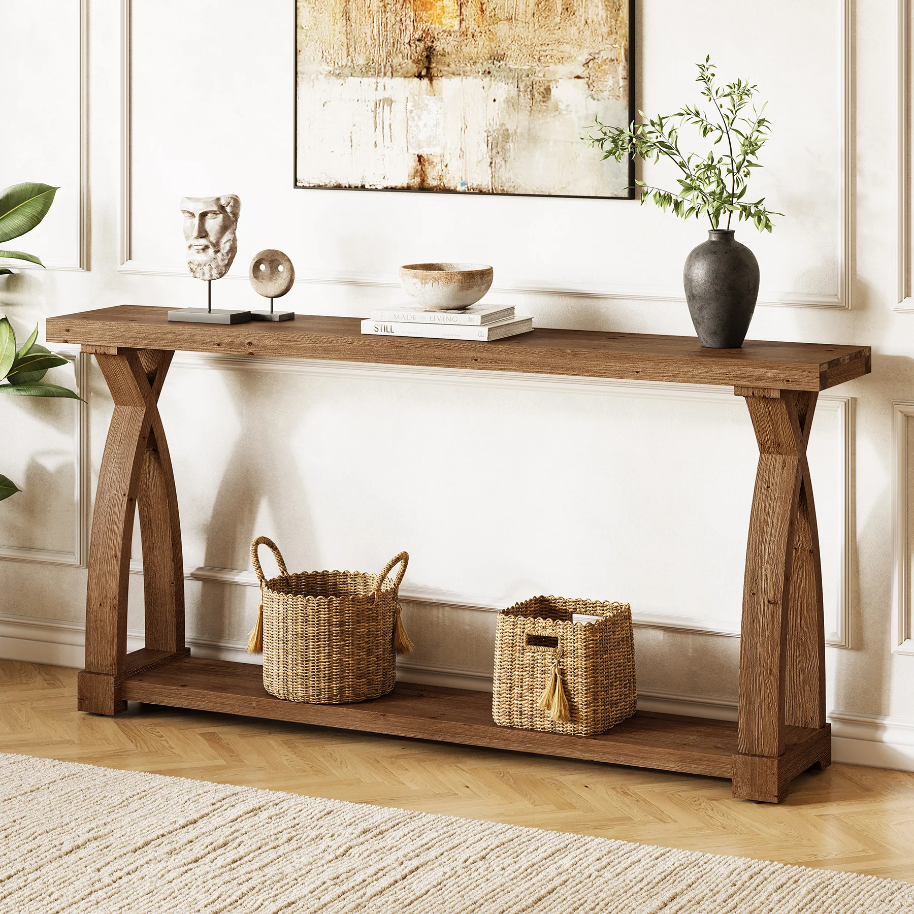 63" Solid Wood Console Table, Narrow Sofa Entryway Table with 2-Tier Storage - Image 8