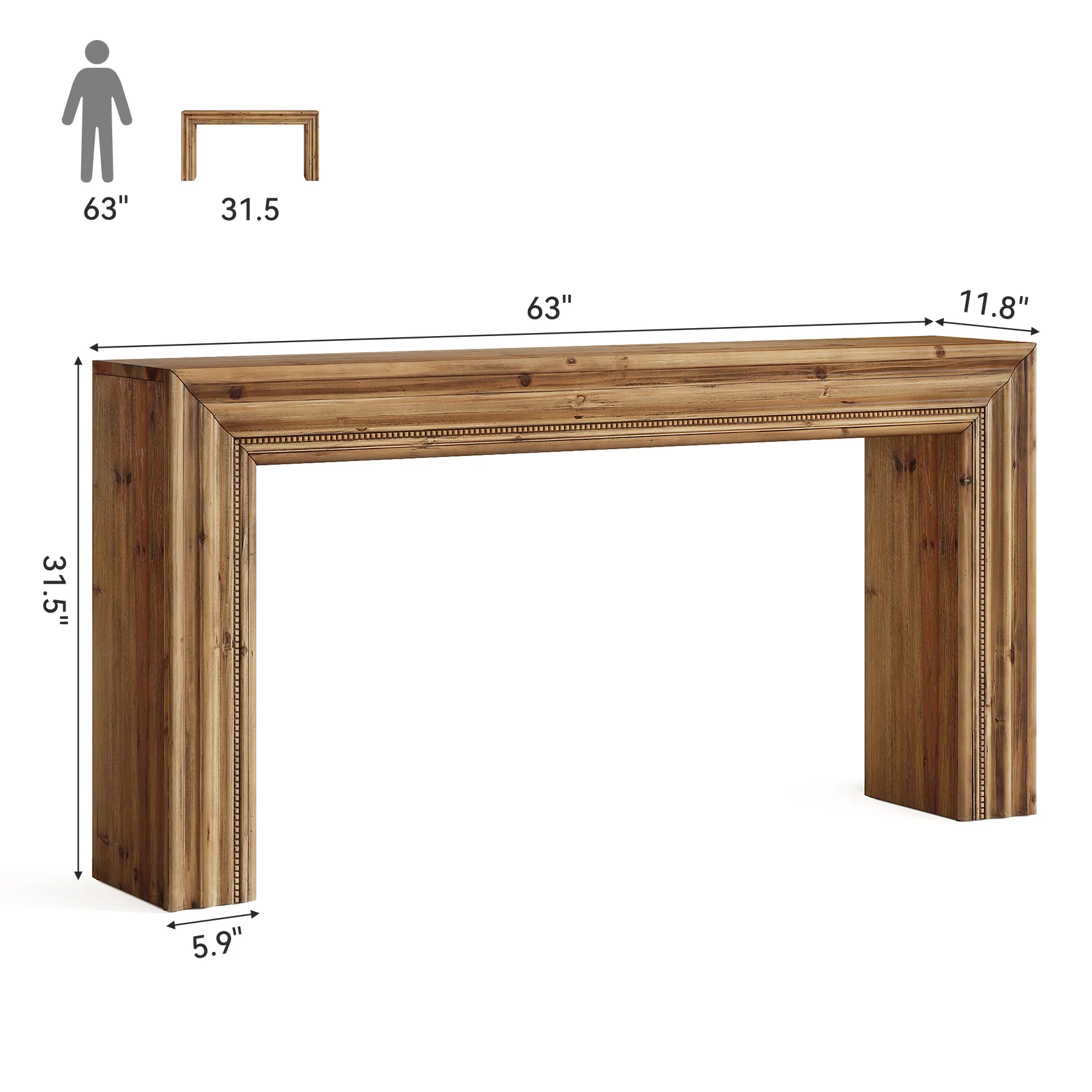 63" Solid Wood Console Table, Narrow Sofa Table Behind Couch with Sculpted Edge - Image 2