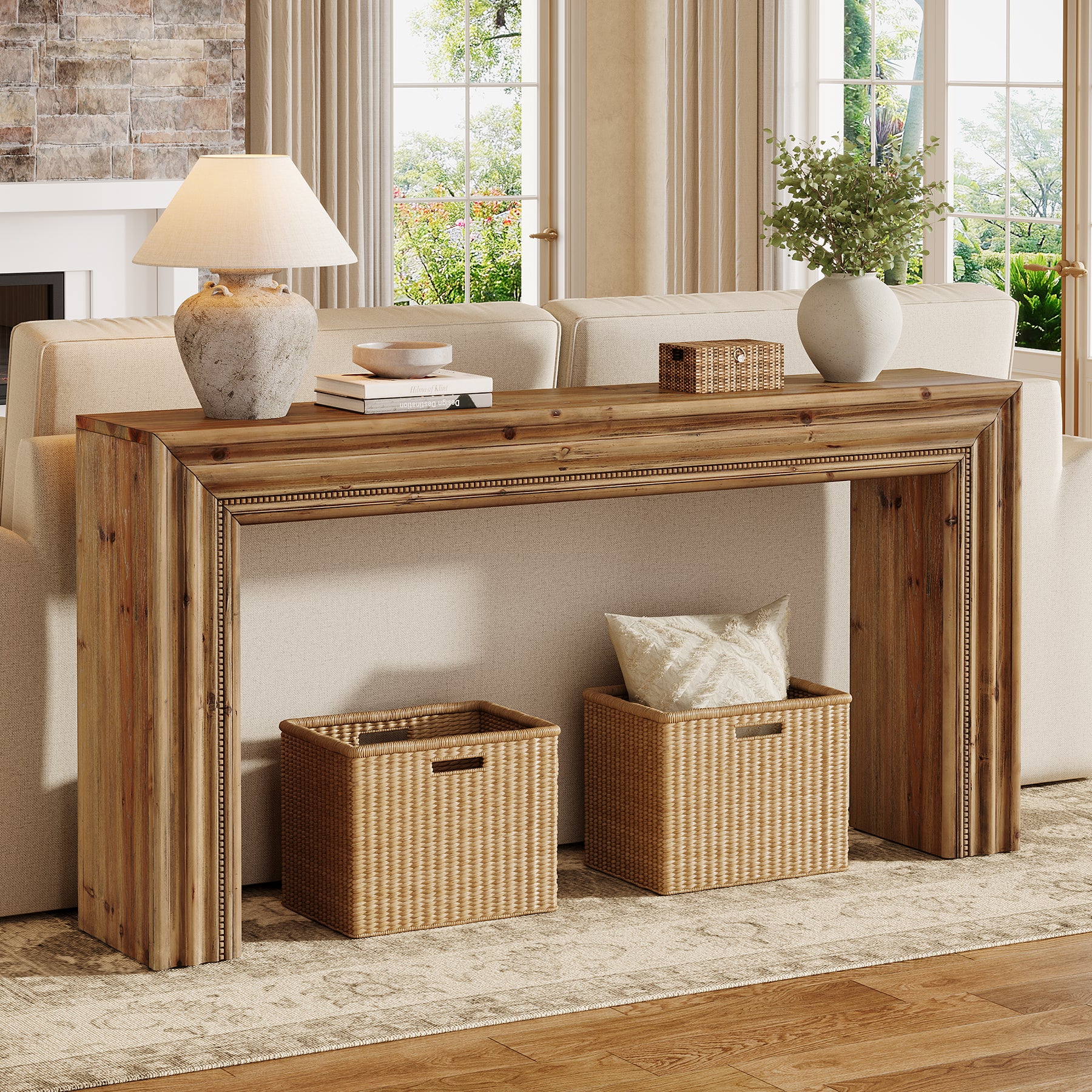 63" Solid Wood Console Table, Narrow Sofa Table Behind Couch with Sculpted Edge - Image 3