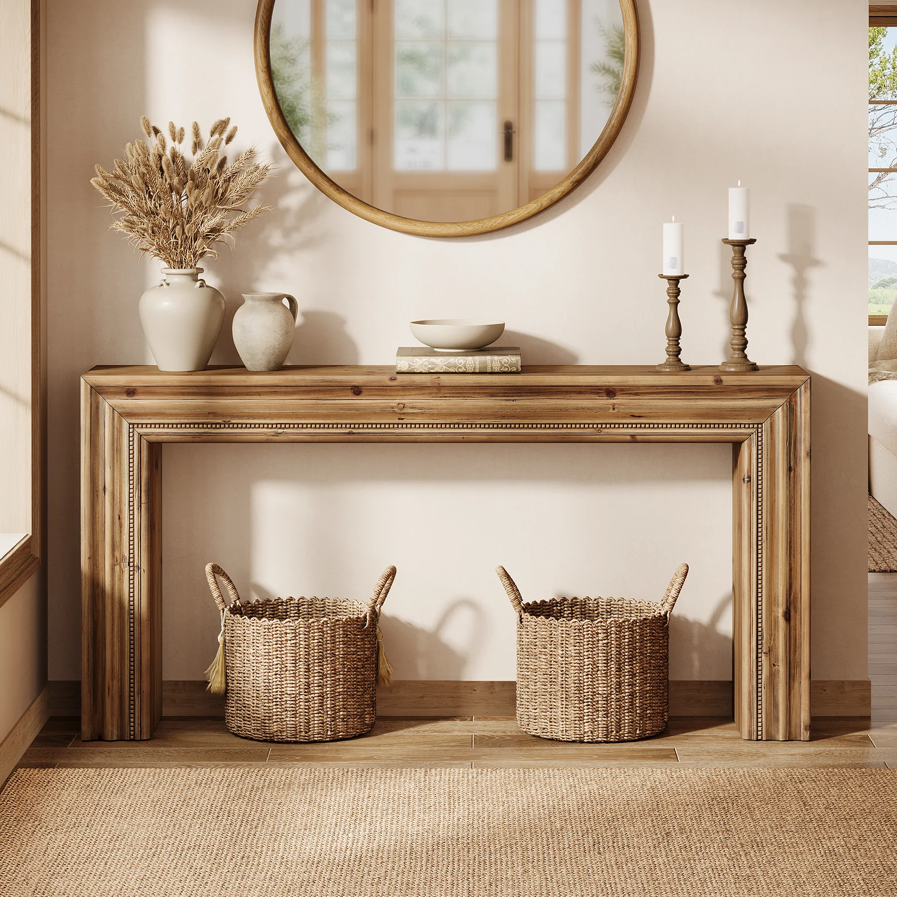 63" Solid Wood Console Table, Narrow Sofa Table Behind Couch with Sculpted Edge - Image 4