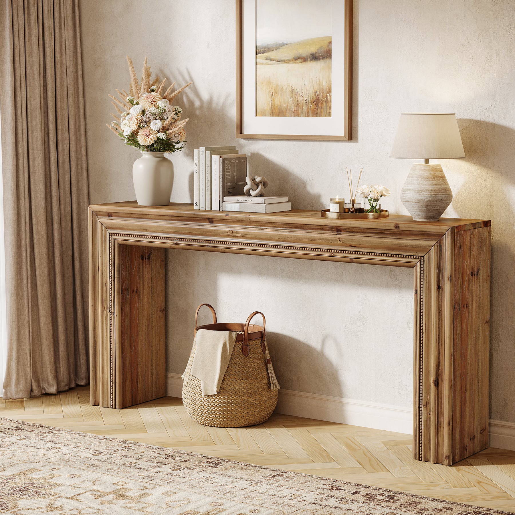 63" Solid Wood Console Table, Narrow Sofa Table Behind Couch with Sculpted Edge - Image 5