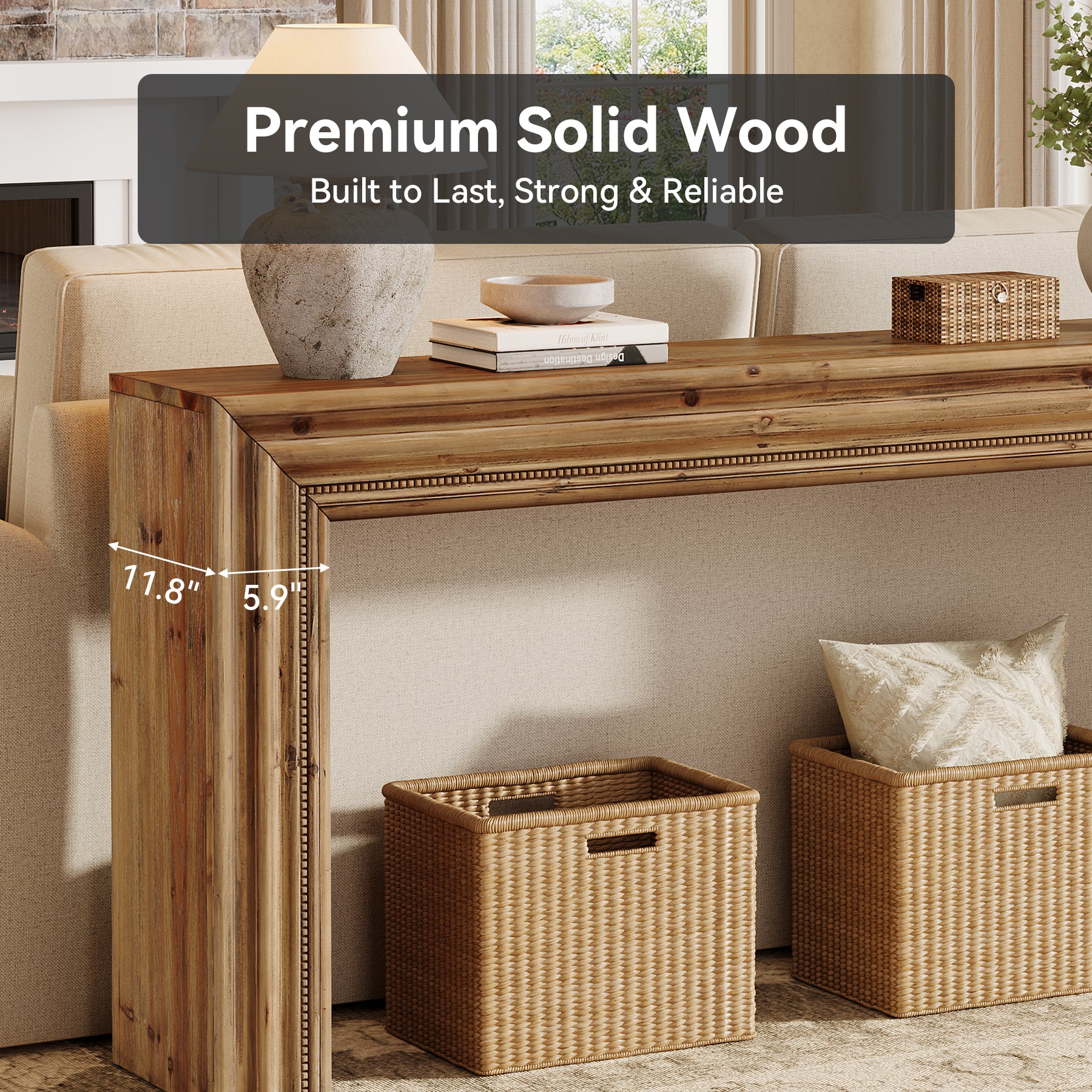 63" Solid Wood Console Table, Narrow Sofa Table Behind Couch with Sculpted Edge - Image 6