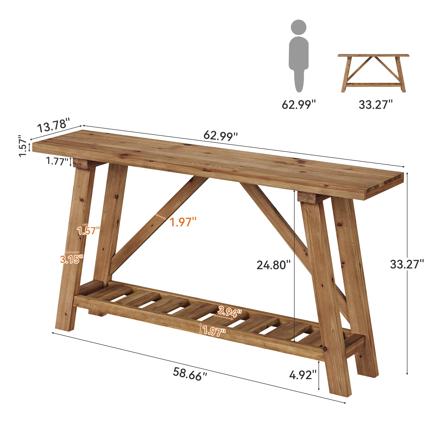 62.9" Solid Wood Console Table, Narrow Sofa Table with Storage Shelf for Entryway - Image 2