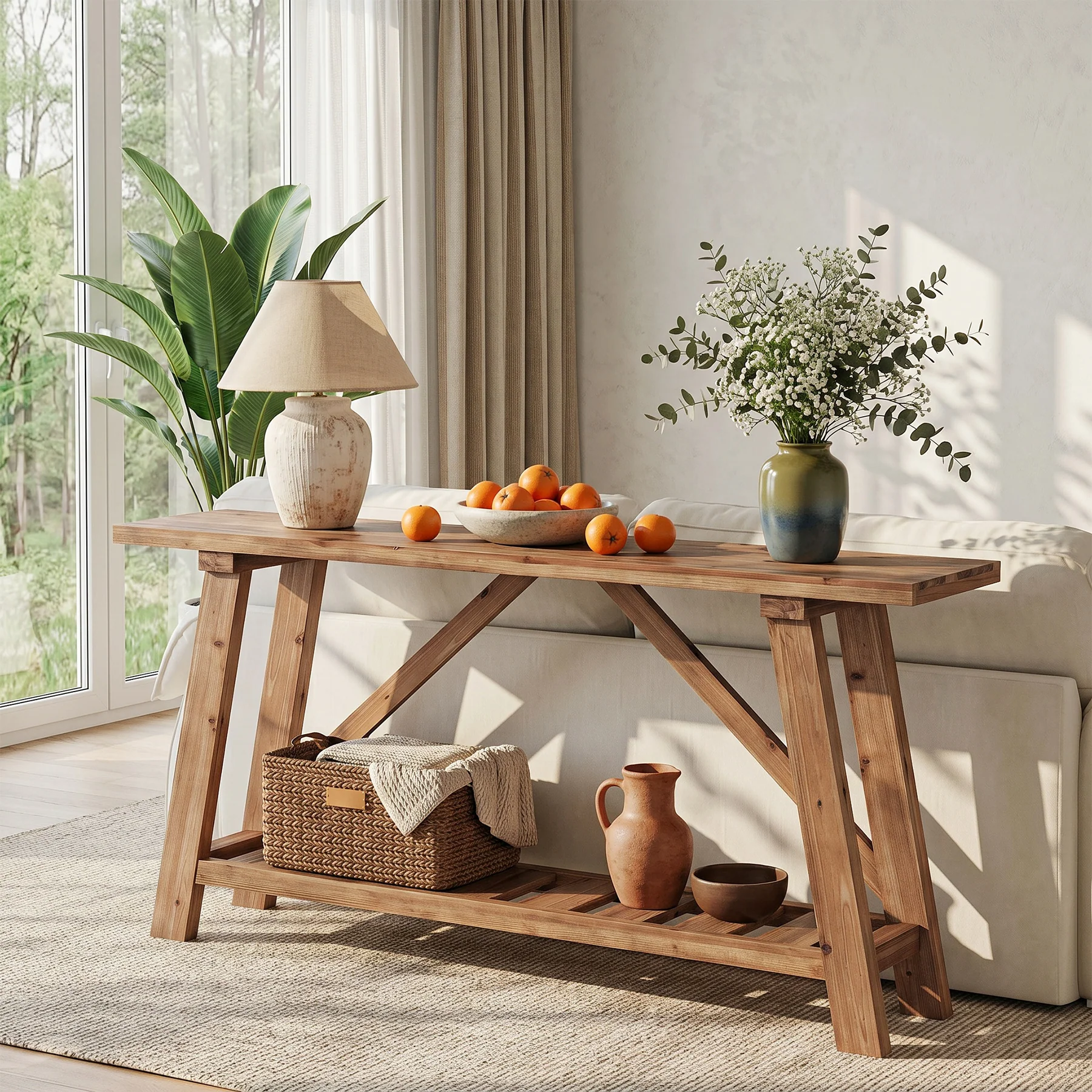 62.9" Solid Wood Console Table, Narrow Sofa Table with Storage Shelf for Entryway - Image 4