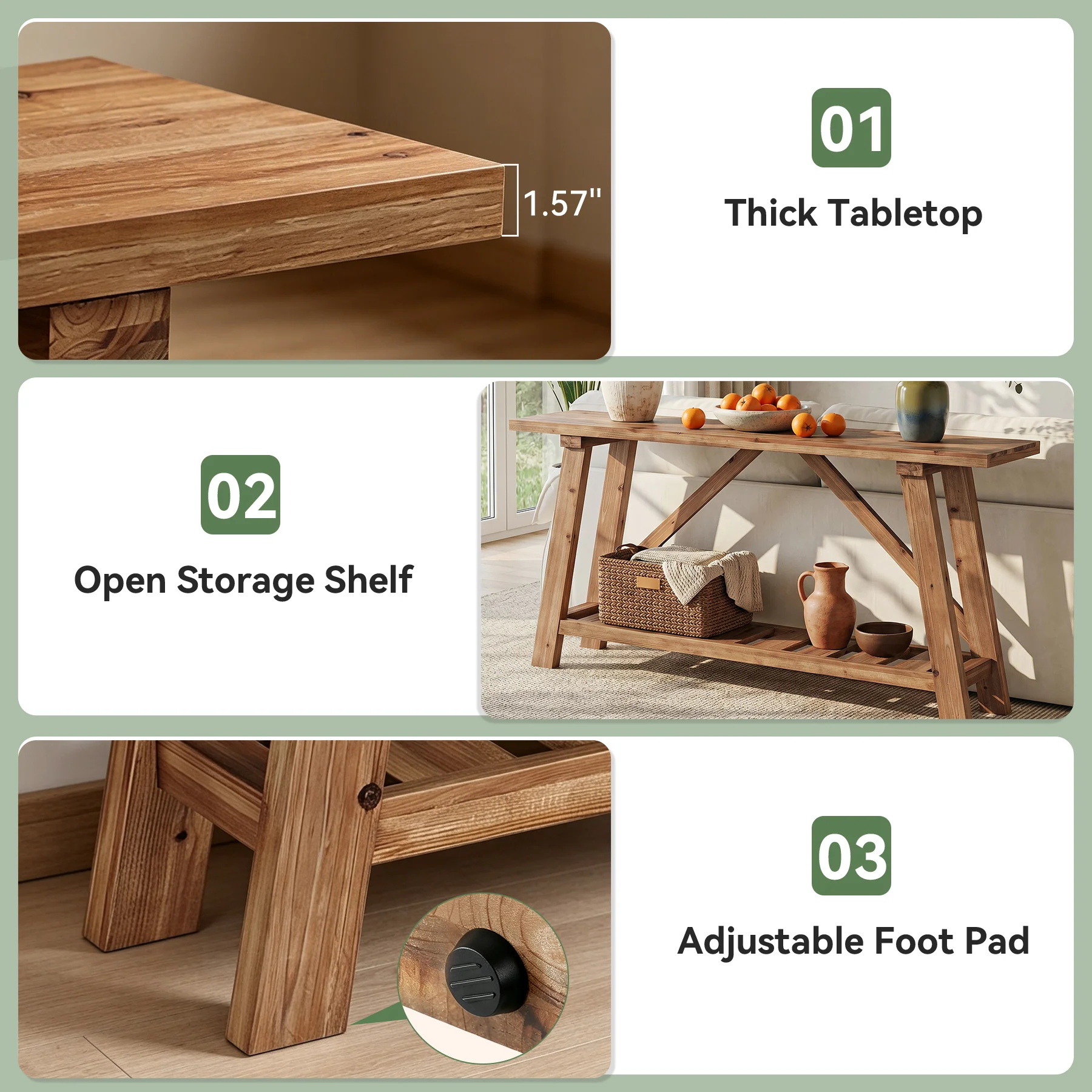 62.9" Solid Wood Console Table, Narrow Sofa Table with Storage Shelf for Entryway - Image 8